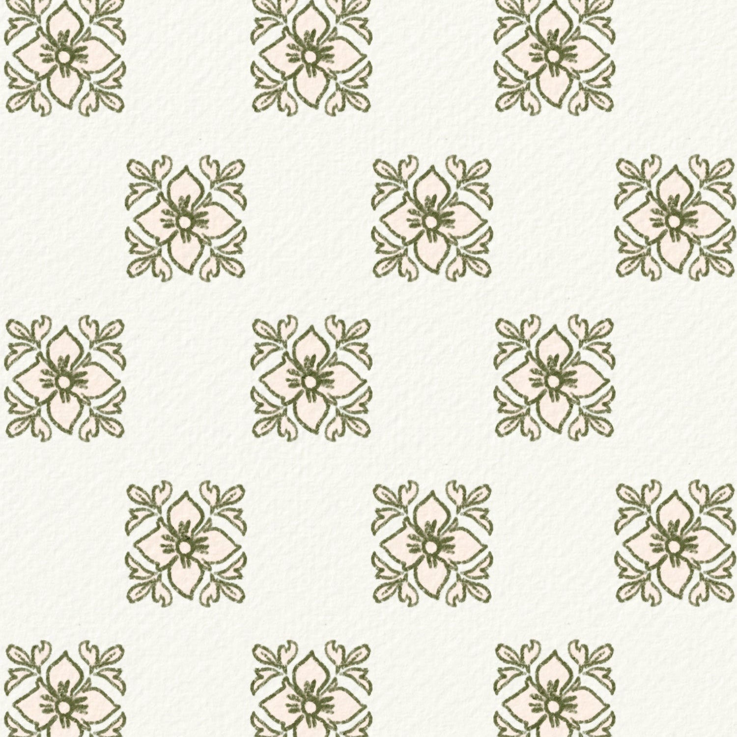 Pattern of green floral designs on a white background