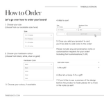 A detailed guide titled "How to Order" from Timberlea Interiors, explaining the steps to order a custom board. The instructions include choosing the size, hardware color, and color if available, adding the product to the cart, and adding order notes or customization requests. It also asks if the order is a gift and mentions that a design preview can be requested.