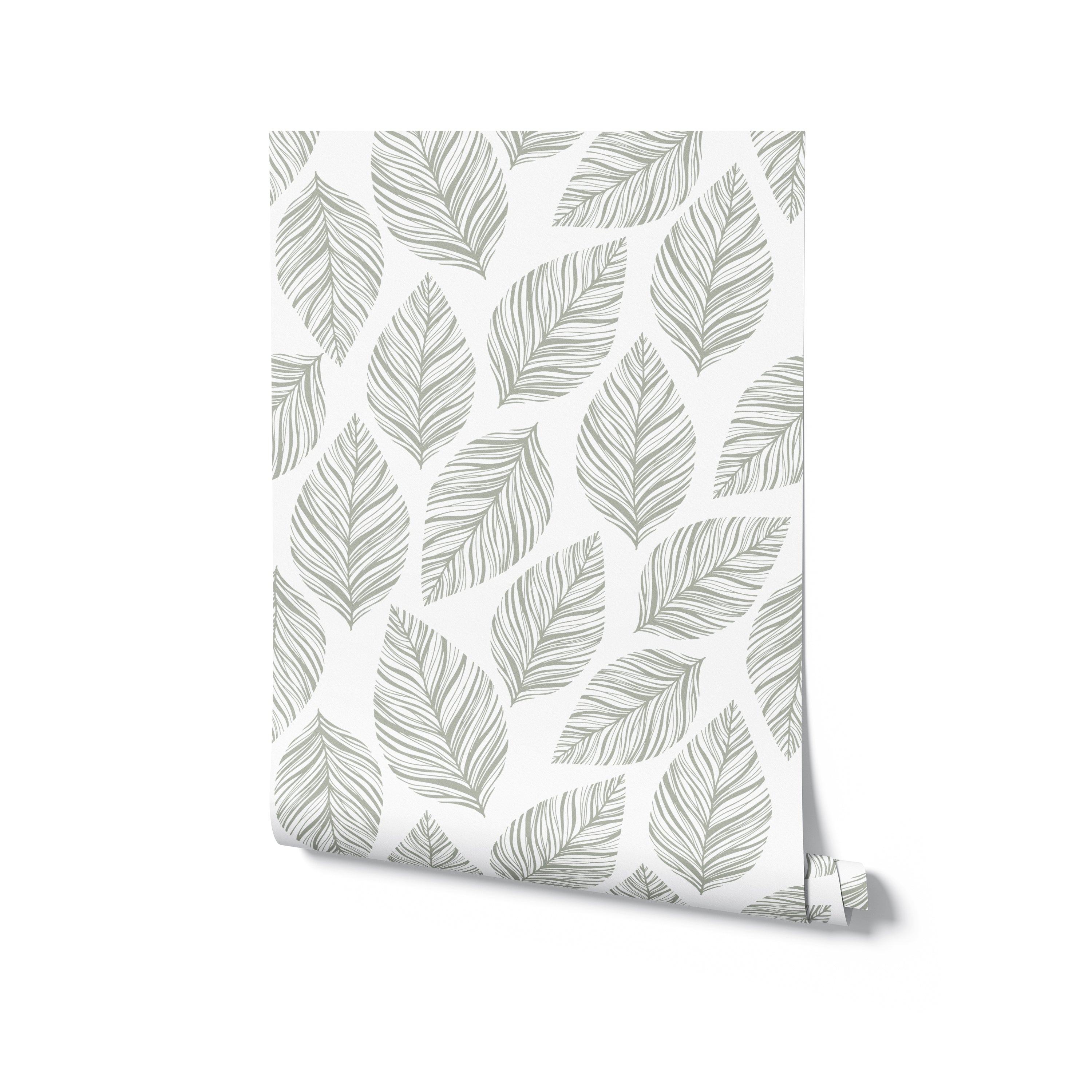 A roll of Leafy Wallpaper, featuring a beautifully detailed pattern of leaves in grey on a white background. The wallpaper exudes a calm and refreshing feel, perfect for enhancing living spaces with a touch of nature