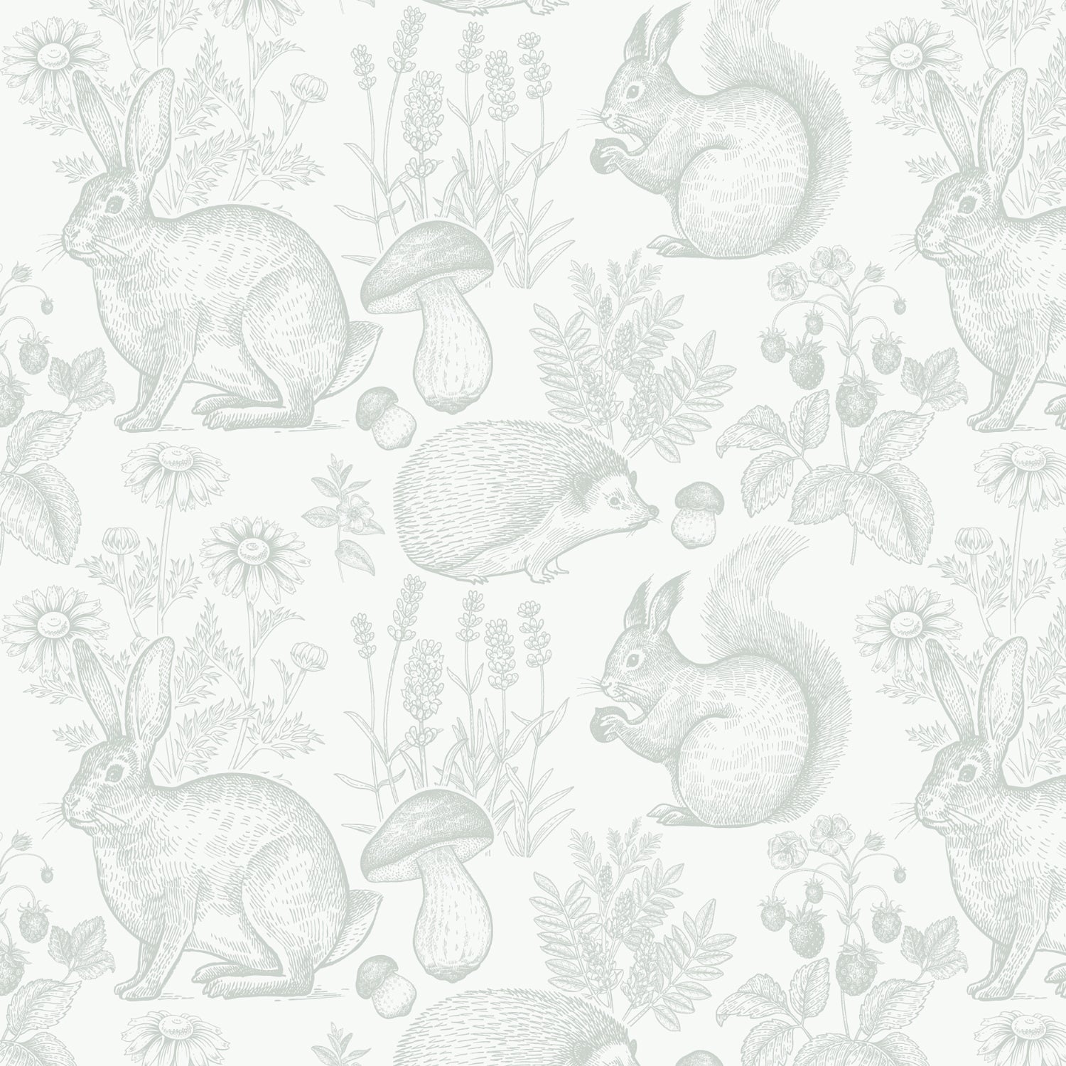 A close-up view of the Woodland Creatures Wallpaper - Light Sage, showcasing the detailed pencil-style illustrations of forest animals among a variety of plants and flowers. The light sage hue offers a soft, soothing backdrop that would charm any room