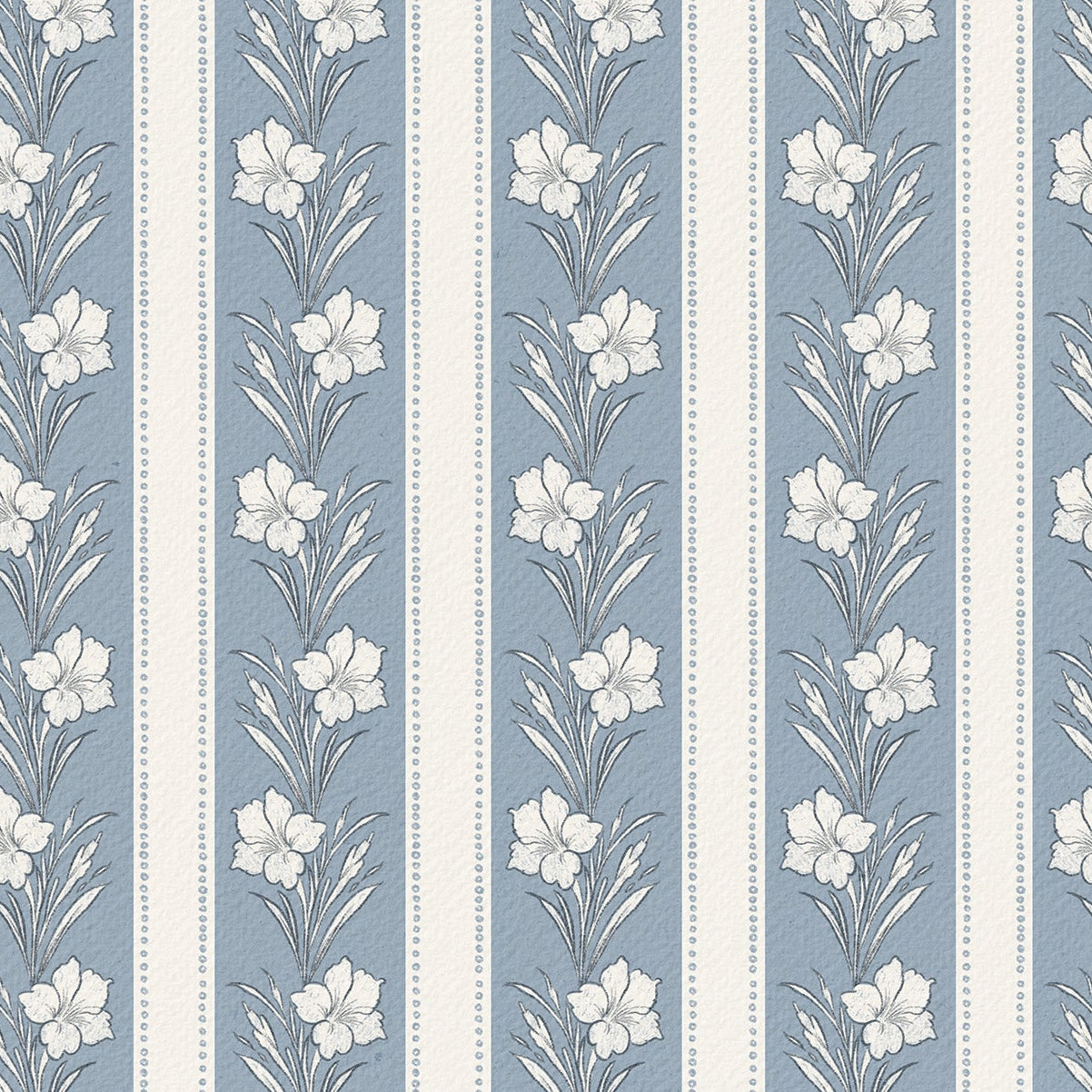 Floral pattern with white flowers on a blue and white striped background