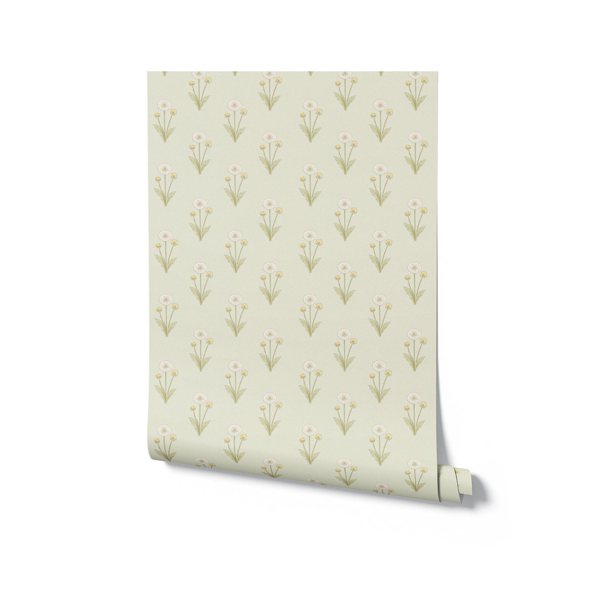 Roll of wallpaper with floral pattern on a white background