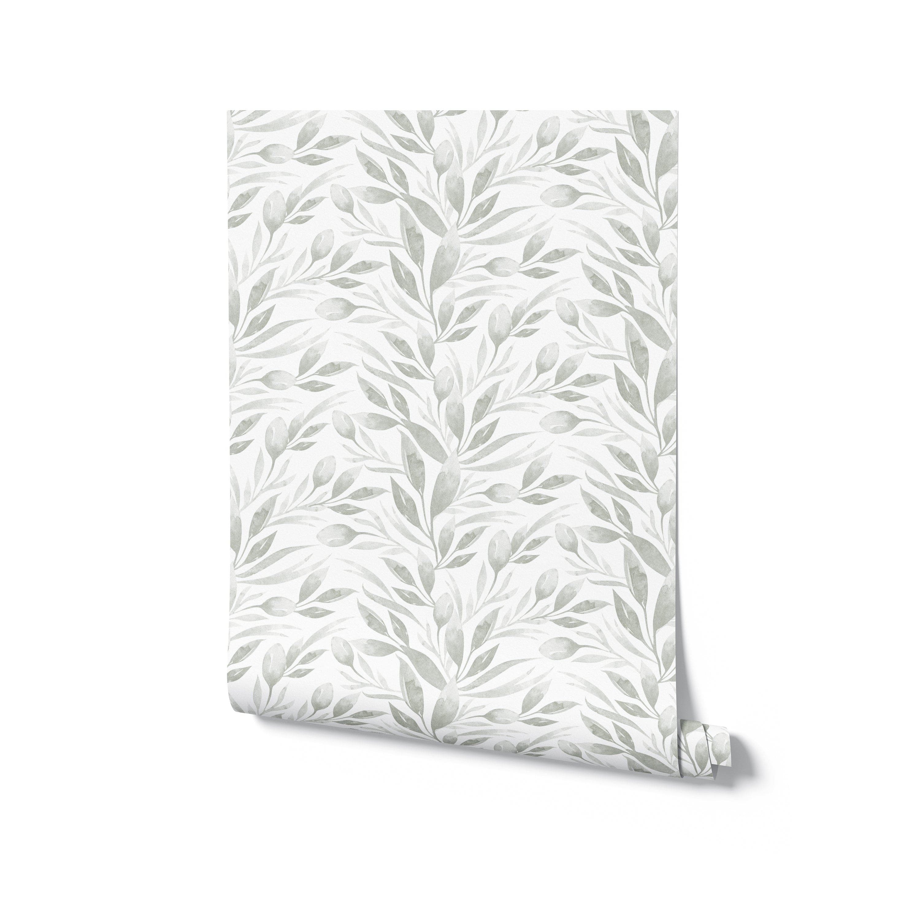 A roll of Watercolour Spring Leaf Wallpaper partially unrolled, revealing a detailed pattern of delicate leaves in watercolour shades of green and gray, offering a fresh and airy look to any interior