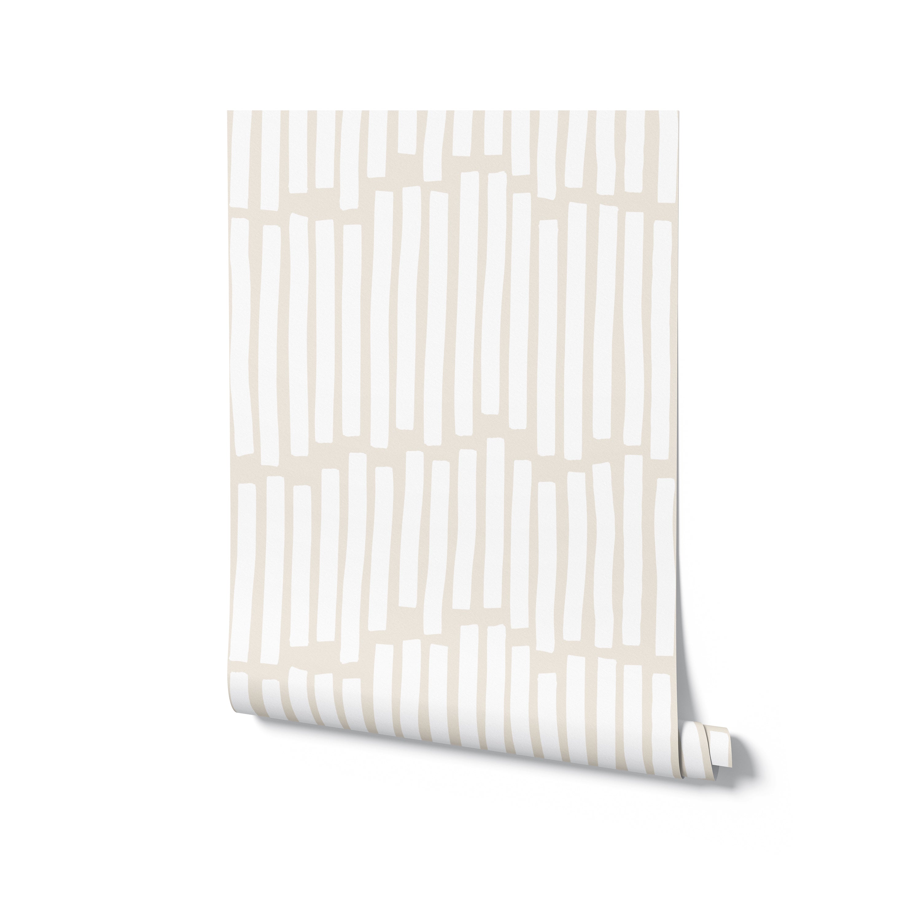 A roll of Boardwalk Wallpaper showing its simple yet elegant vertical stripe design in beige on a cream background. This wallpaper adds a touch of sophistication and is perfect for creating a serene environment in any room.
