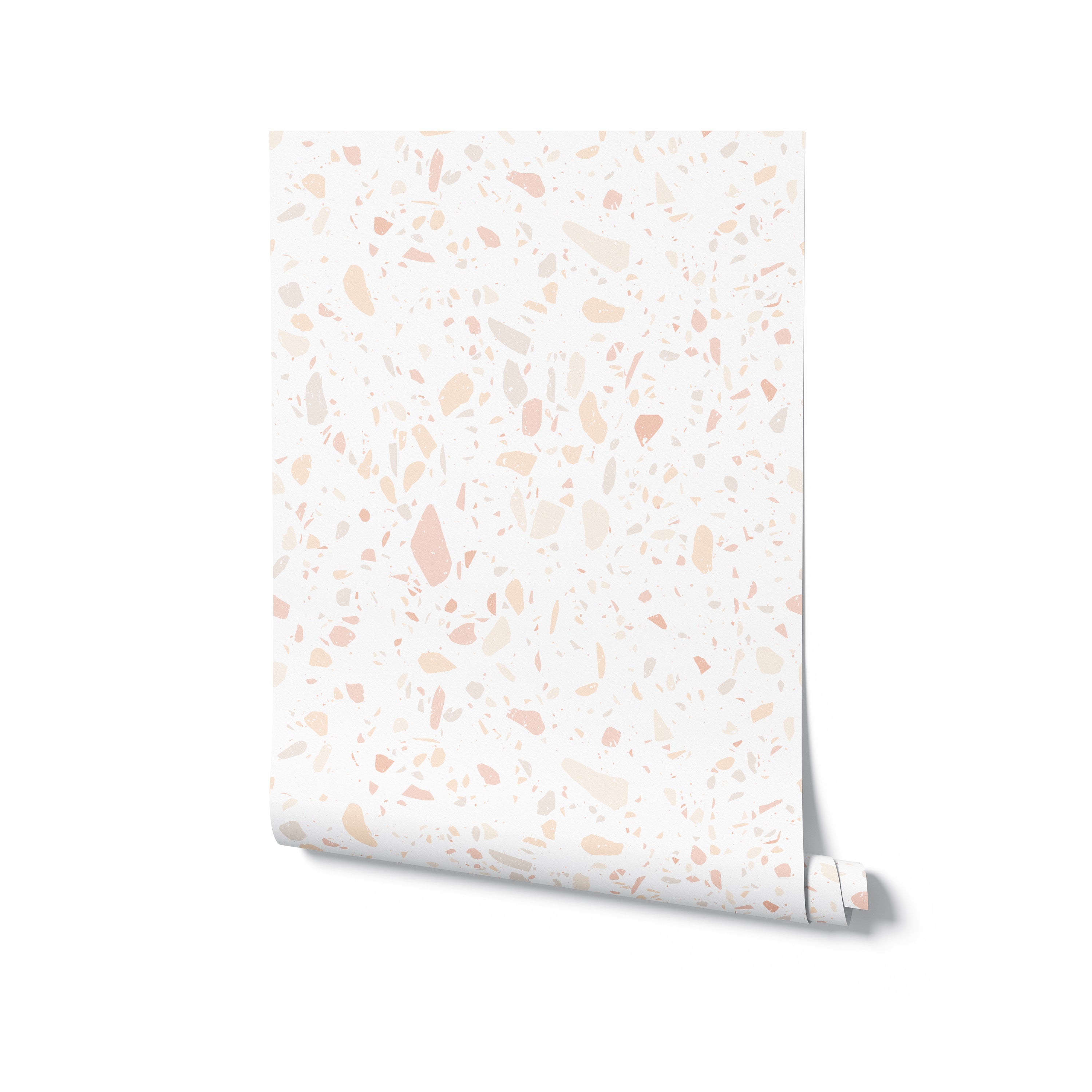 A roll of Pink Terrazzo Wallpaper displaying its full pattern. The wallpaper consists of a light base speckled with soft pink, cream, and gray fragments, offering a modern and versatile design suitable for various spaces in the home.