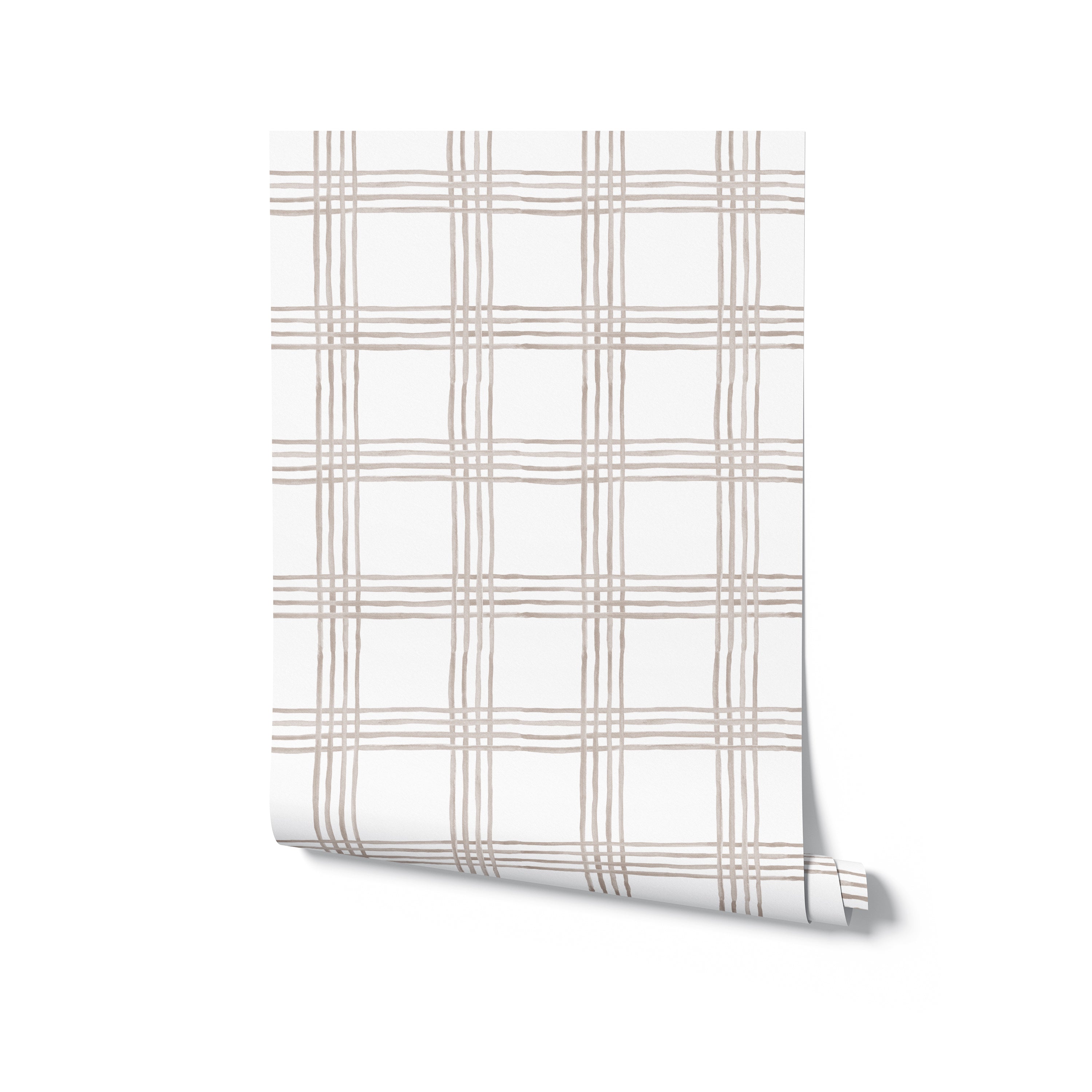 A rolled piece of Big Boho Wallpaper - 123 showcasing the geometric grid pattern in beige on a crisp white background. This image highlights the wallpaper’s versatility and contemporary design, ready for enhancing any interior space.