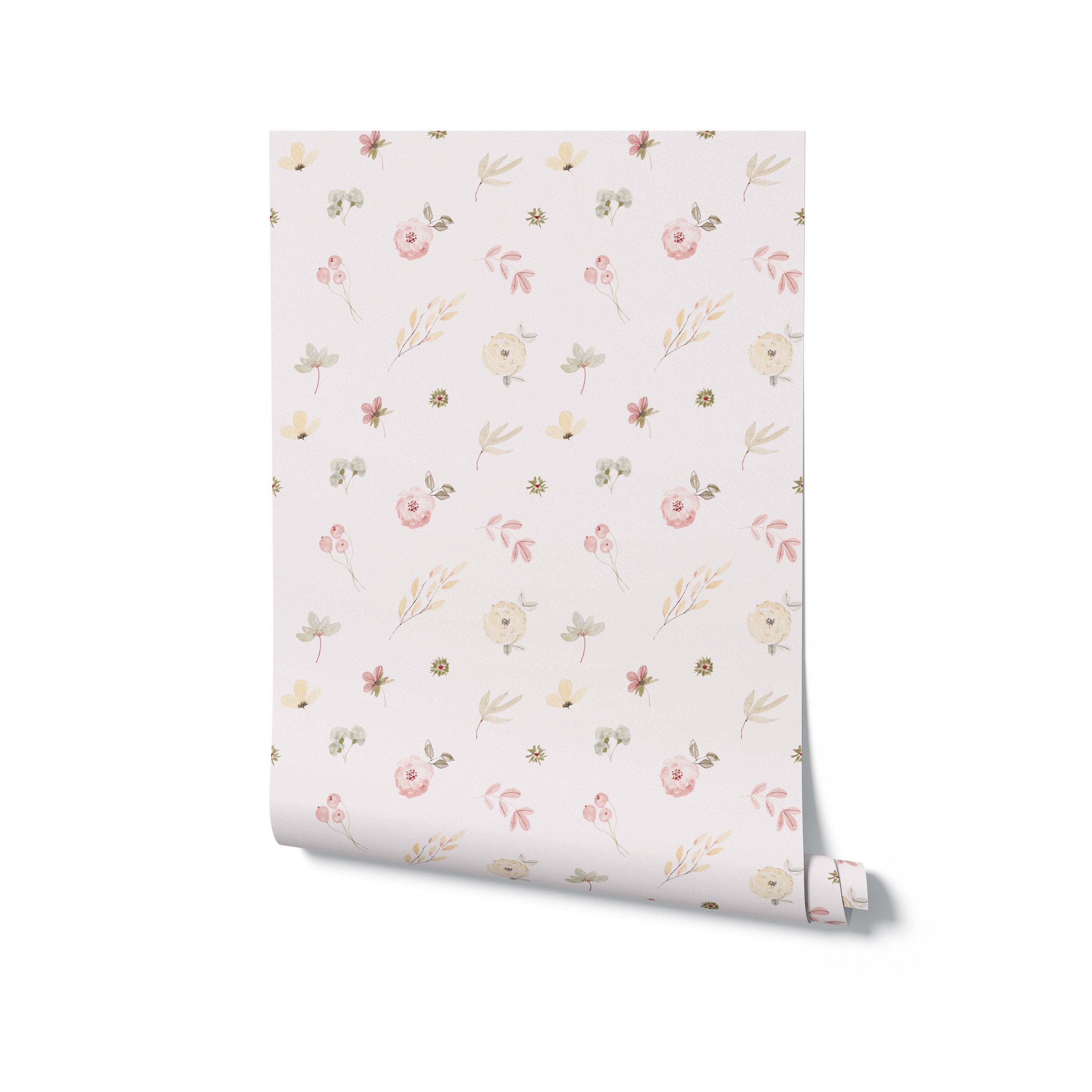 A rolled-up piece of Pink Watercolour Floral Wallpaper II showing a pattern of small, scattered flowers in soft pink, green, and beige tones. The wallpaper has a gentle, pastel aesthetic suitable for soothing room decor.