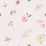 A close-up of the Pink Watercolour Floral Wallpaper II, displaying a variety of hand-painted floral designs in soft pinks and greens, including blooming flowers and foliage, giving a gentle, watercolor effect on a pale background.