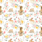 A close-up of the Garden Bunnies Wallpaper, illustrating its intricate design with rabbits in various playful poses among vibrant flowers, perfect for adding a touch of nature and whimsy to any room.