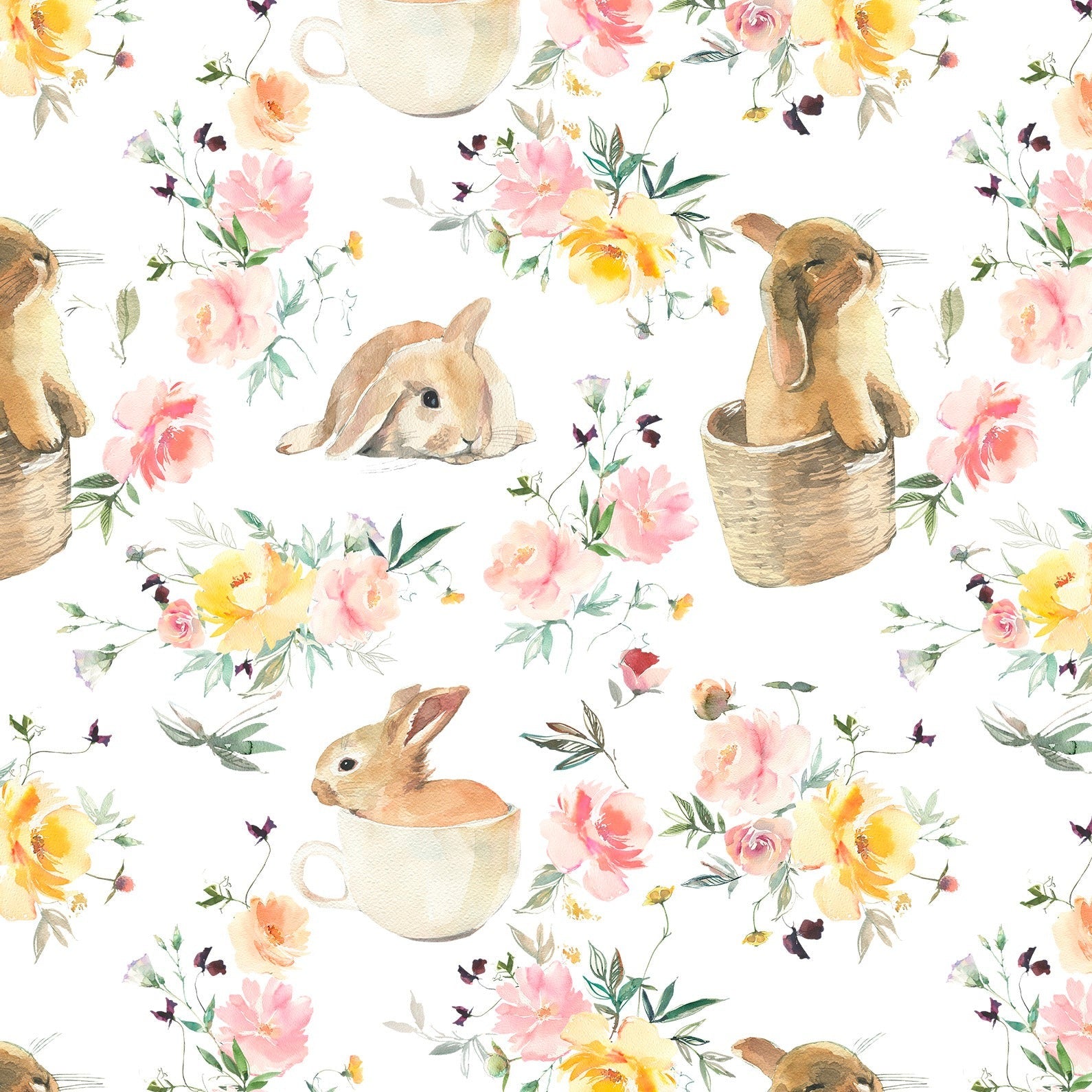 A close-up of the Garden Bunnies Wallpaper, illustrating its intricate design with rabbits in various playful poses among vibrant flowers, perfect for adding a touch of nature and whimsy to any room.