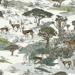 A wide panoramic view of Serengeti Wallpaper, illustrating a detailed African savannah scene with various wildlife. The design includes depictions of deer, trees, and a hidden leopard among lush foliage, rendered in soft greens, browns, and beiges, capturing the essence of the Serengeti.