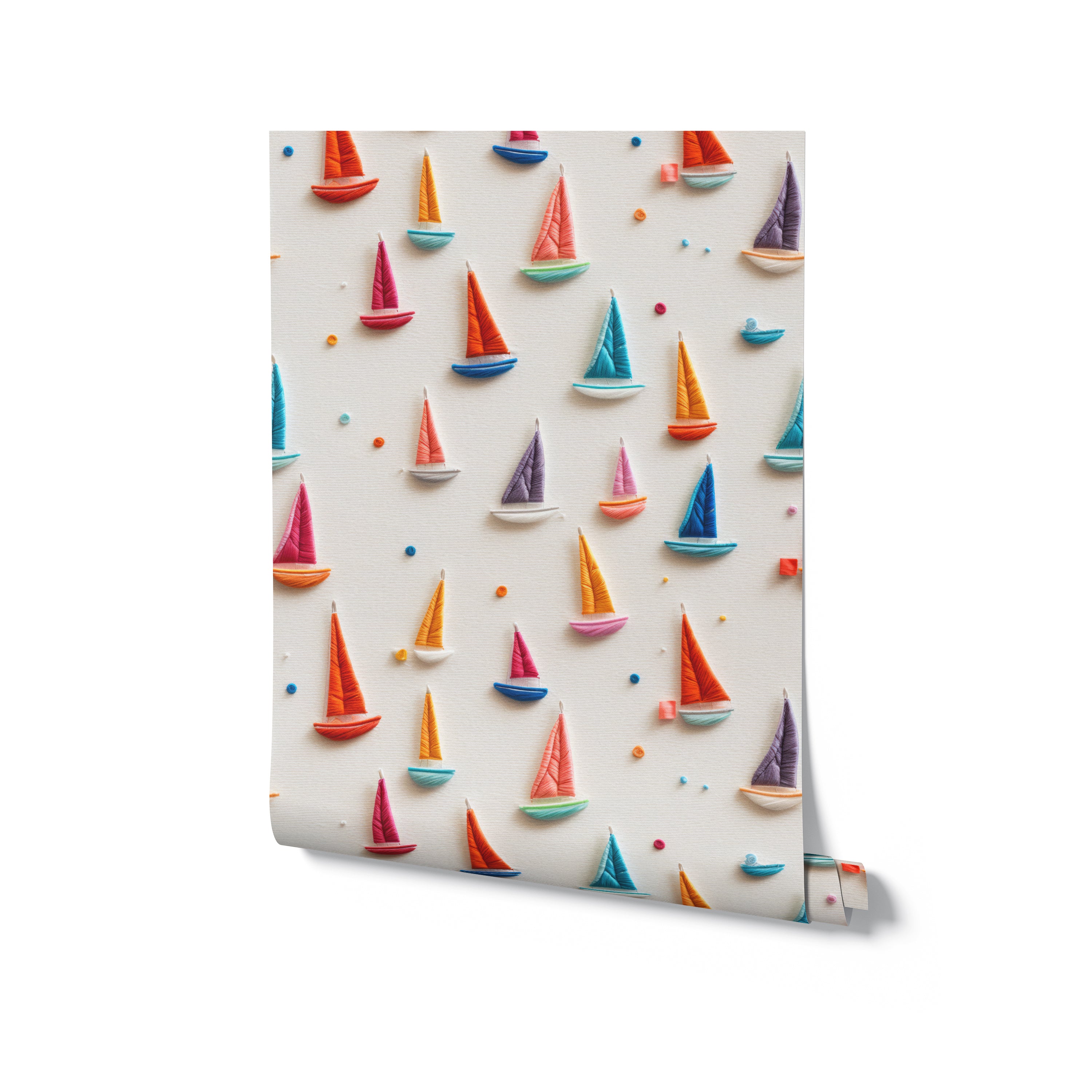 A single roll of 'Tidal Sail Wallpaper' unrolled partially to show the playful design of colorful origami sailboats on a cream background, illustrating a fun choice for a child's room decor.