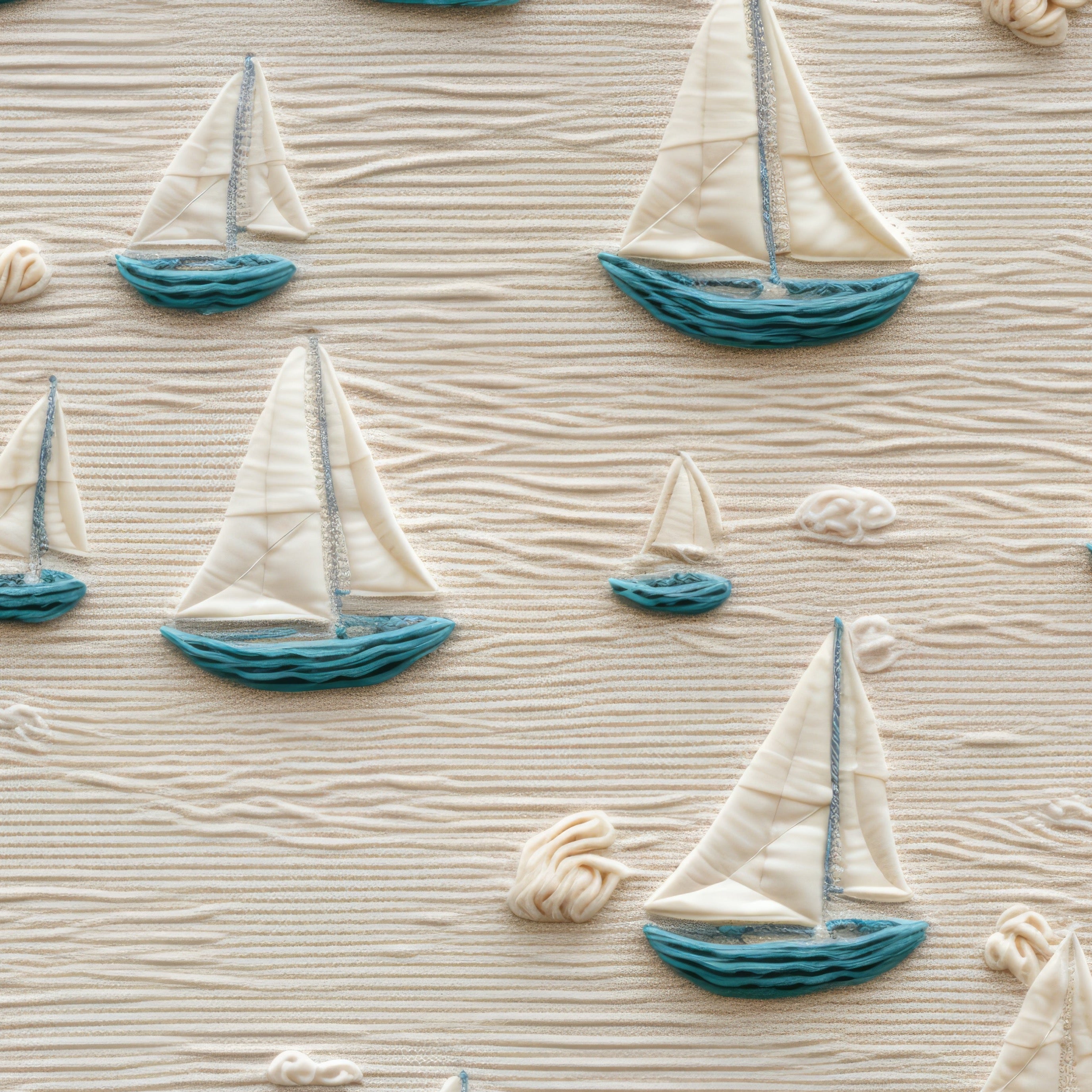 Close-up of Portside Sail Wallpaper highlighting its textured surface and detailed depictions of sailboats with white sails and teal hulls on a backdrop that resembles sandy shores, enhancing the nautical theme.