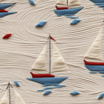 Close-up view of Windward Sail Wallpaper showing detailed white sailboats with vibrant blue and red accents floating on a textured sea-like background, perfect for adding a touch of playful elegance to any room.