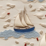 Close-up of Coastal Charm Wallpaper showing detailed sailboats with white sails and blue hulls sailing on textured blue waves, surrounded by small red leaves scattered across a beige backdrop, emphasizing a beach-like feel.