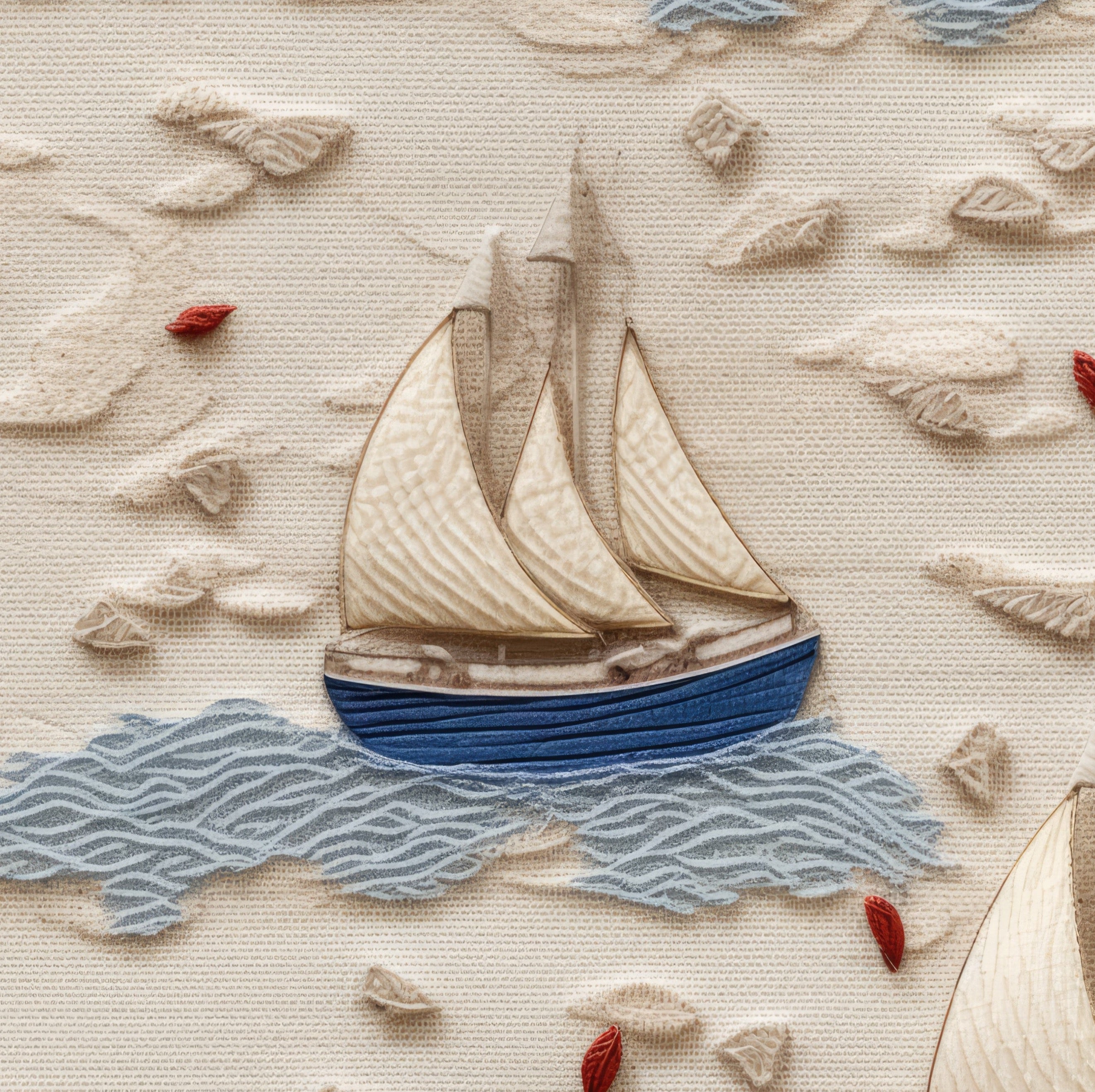 Close-up of Coastal Charm Wallpaper showing detailed sailboats with white sails and blue hulls sailing on textured blue waves, surrounded by small red leaves scattered across a beige backdrop, emphasizing a beach-like feel.