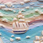 Close-up view of Sunset Sail Wallpaper showing the intricate details of sailboats floating on textured waves in soft pastel colors of blue, pink, and cream, evoking a serene sunset at sea.