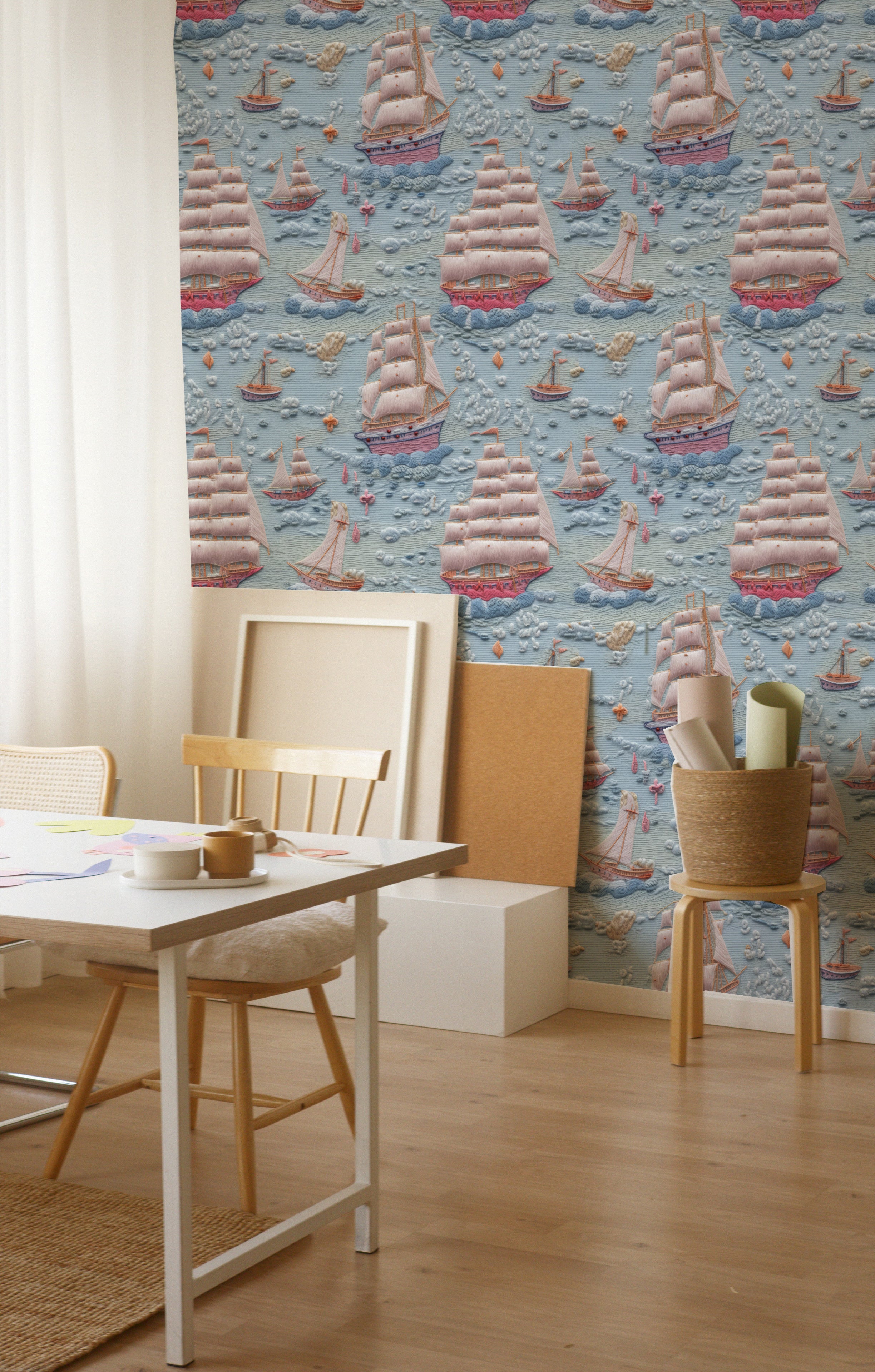 Workspace area enhanced by the Breezy Sail Wallpaper, featuring detailed depictions of sailboats that provide a creative backdrop, complementing the simple and modern furniture in the room.