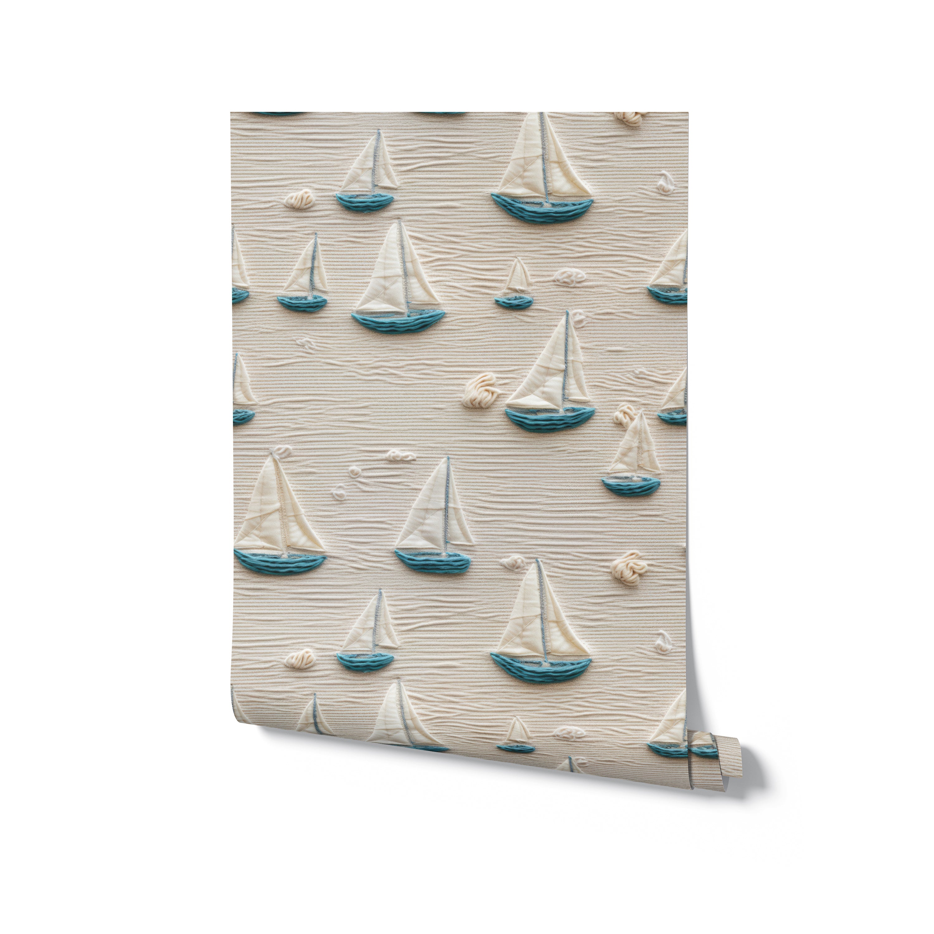 A roll of Portside Sail Wallpaper, illustrating the charming design of sailboats with teal and white hues on a textured beige background, perfect for adding a maritime touch to any space.
