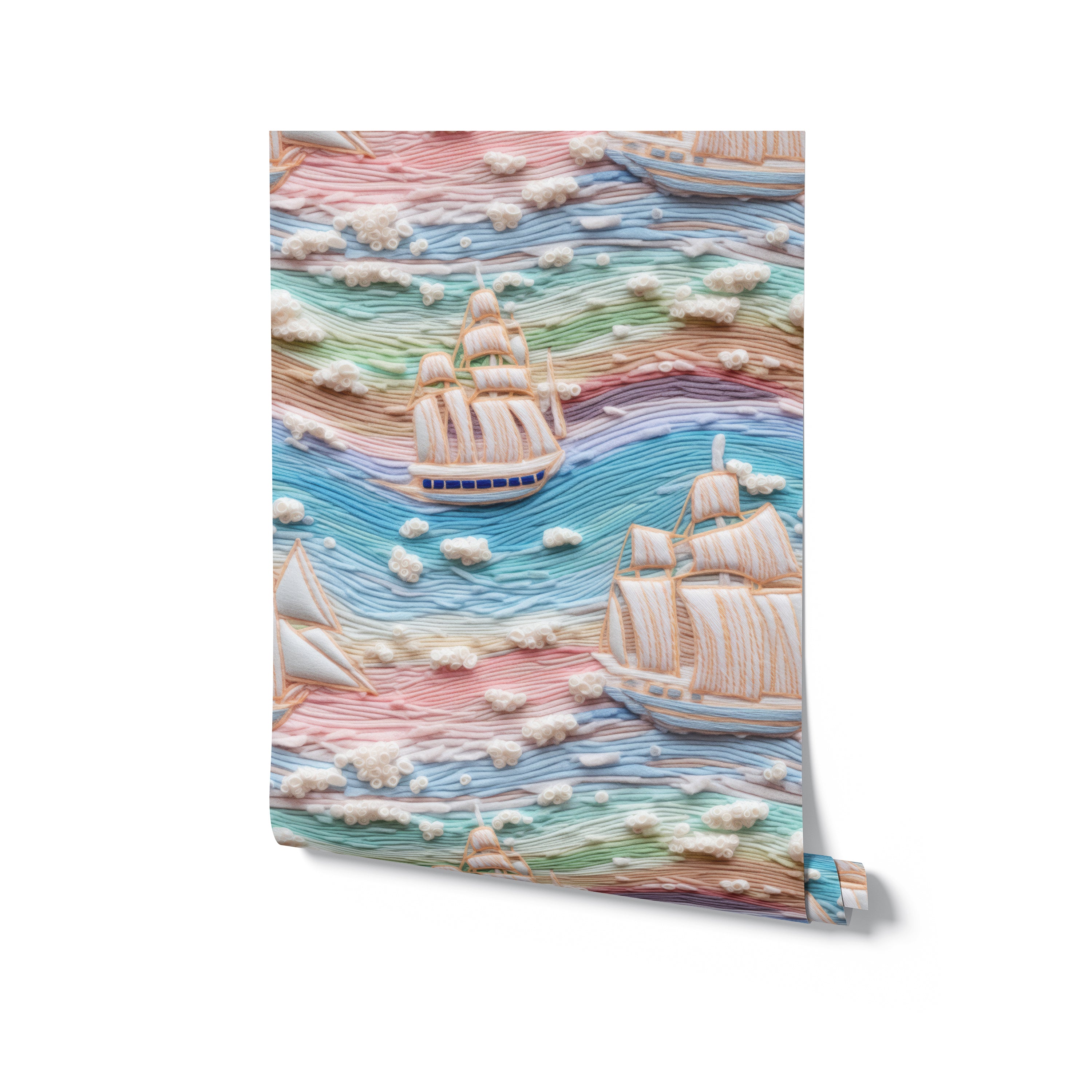 A single roll of Sunset Sail Wallpaper illustrating the beautiful gradient of sunset colors and detailed sailboats, ideal for adding a touch of nautical charm and color to any room or decor project.