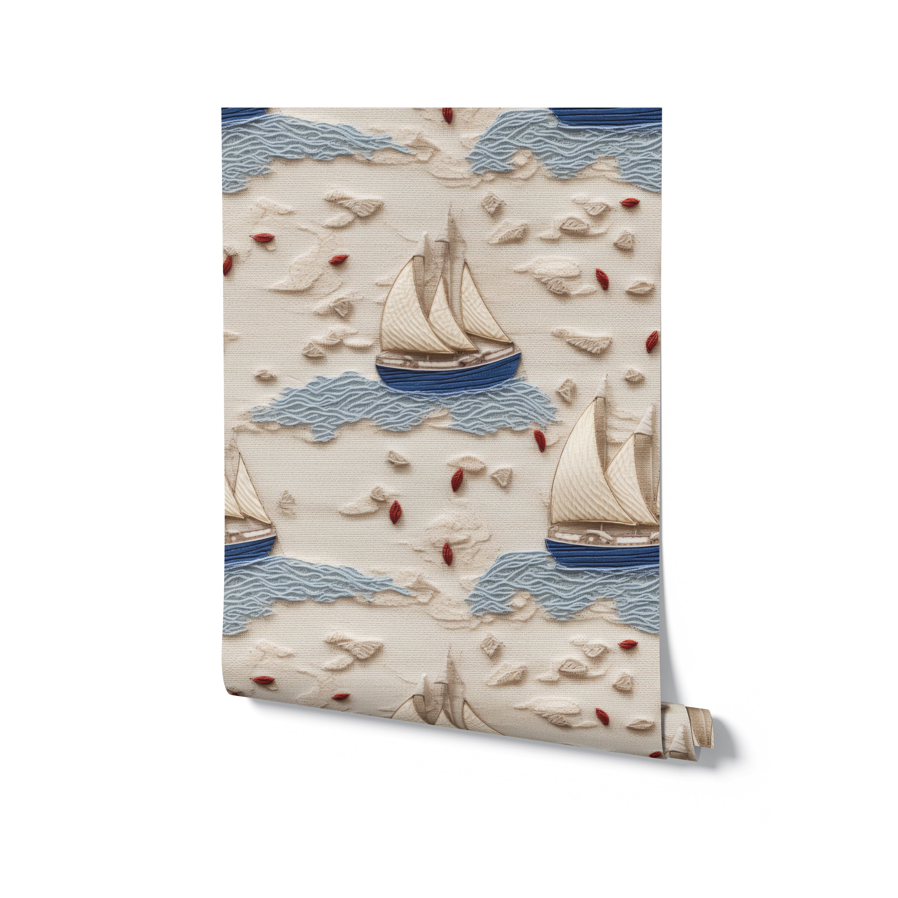 A roll of Coastal Charm Wallpaper featuring a charming pattern of sailboats navigating through blue waves, with delicate red leaves enhancing the maritime theme, perfect for infusing any room with coastal elegance.