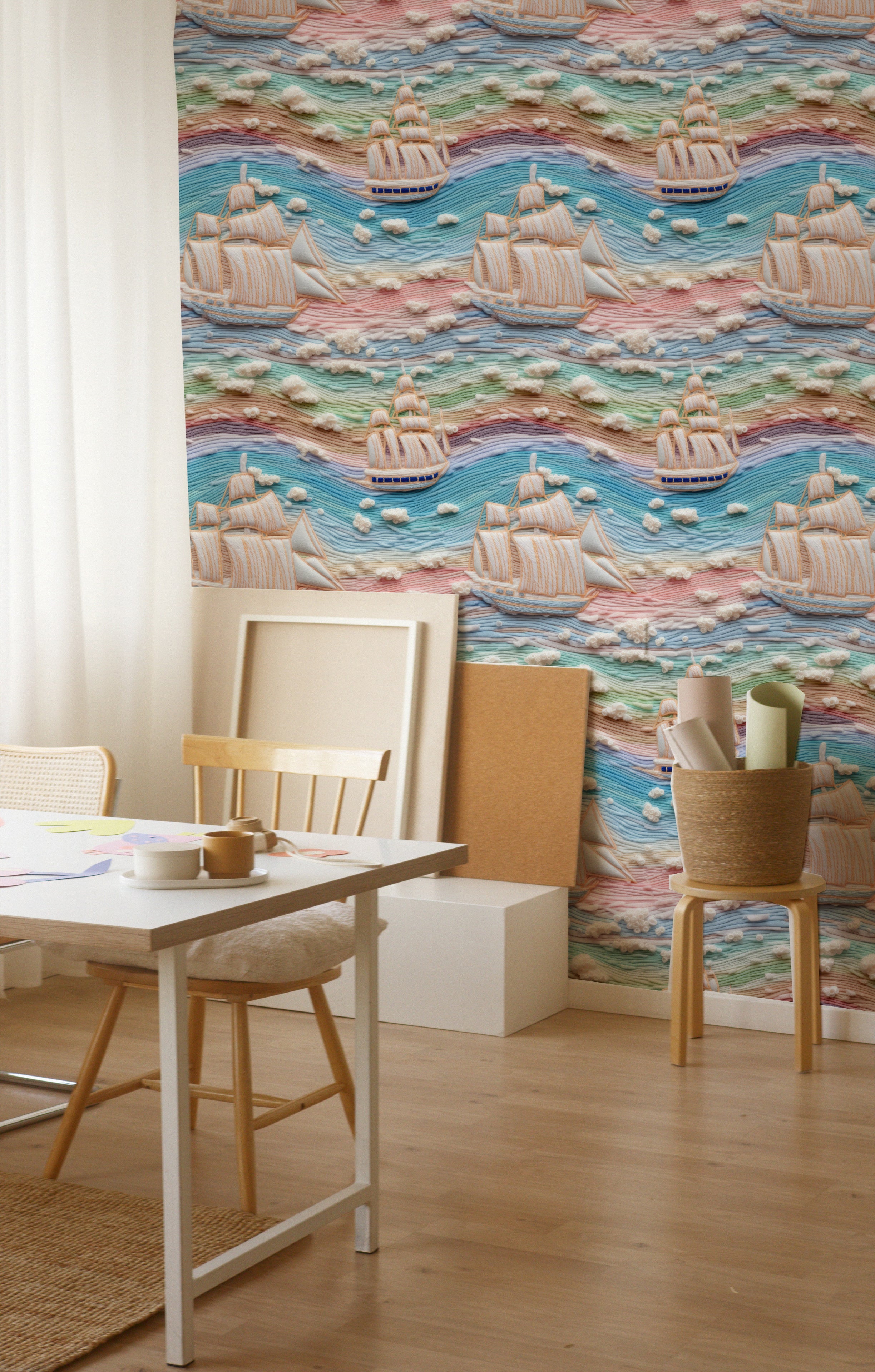 A creative workspace enhanced by the Sunset Sail Wallpaper, which brings a dynamic and colorful seascape to the environment. The setting includes a simple wooden desk and chair, highlighting the wallpaper's ability to inspire and brighten any space.