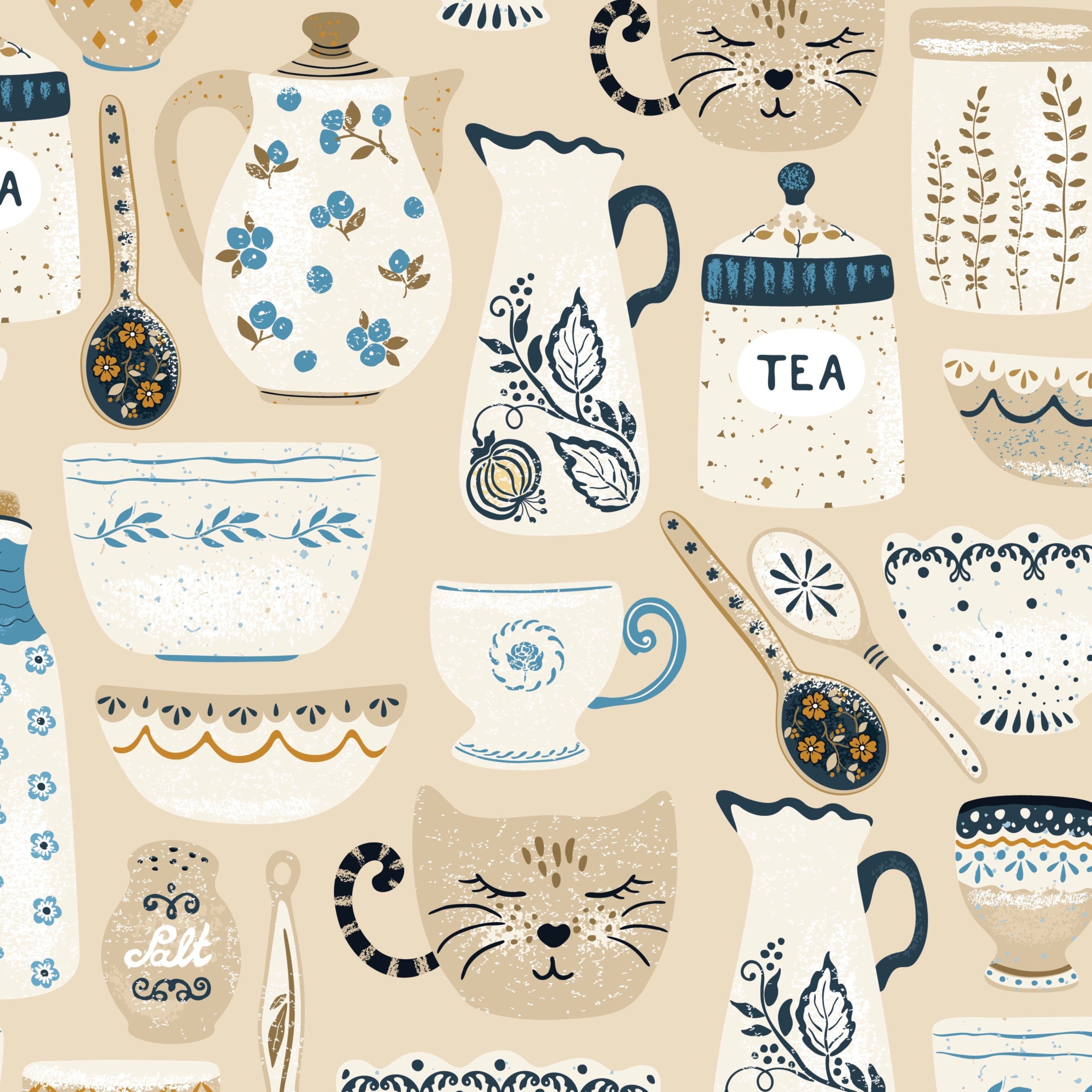 Close-up of the 'Spring Ceramics Wallpaper', showcasing a delightful pattern of illustrated ceramic teapots, teacups, and playful cat faces intertwined with floral motifs. The design uses a soft color palette of beige, blue, and yellow, contributing to a quaint and cheerful vibe.