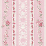Close-up view of Vintage Rose Wallpaper featuring vertical pink stripes alternated with detailed floral patterns in pink and green, creating an elegant and traditional aesthetic.