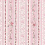 Close-up view of Vintage Rose Wallpaper featuring vertical pink stripes alternated with detailed floral patterns in pink and green, creating an elegant and traditional aesthetic.