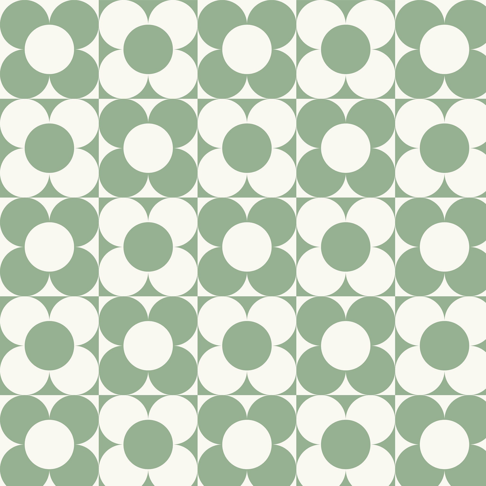 A vibrant and playful pattern of the Vintage Groovy Wallpaper in green, showcasing a repetitive geometric design with large white and green circles on a pale green background. The pattern evokes a fun and retro vibe, perfect for adding a pop of color and personality to any room