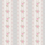 Close-up view of Vintage Cutie Wallpaper displaying vertical stripes with elegant pink roses and tiny green leaves set against a background of beige with subtle floral and lace detailing.