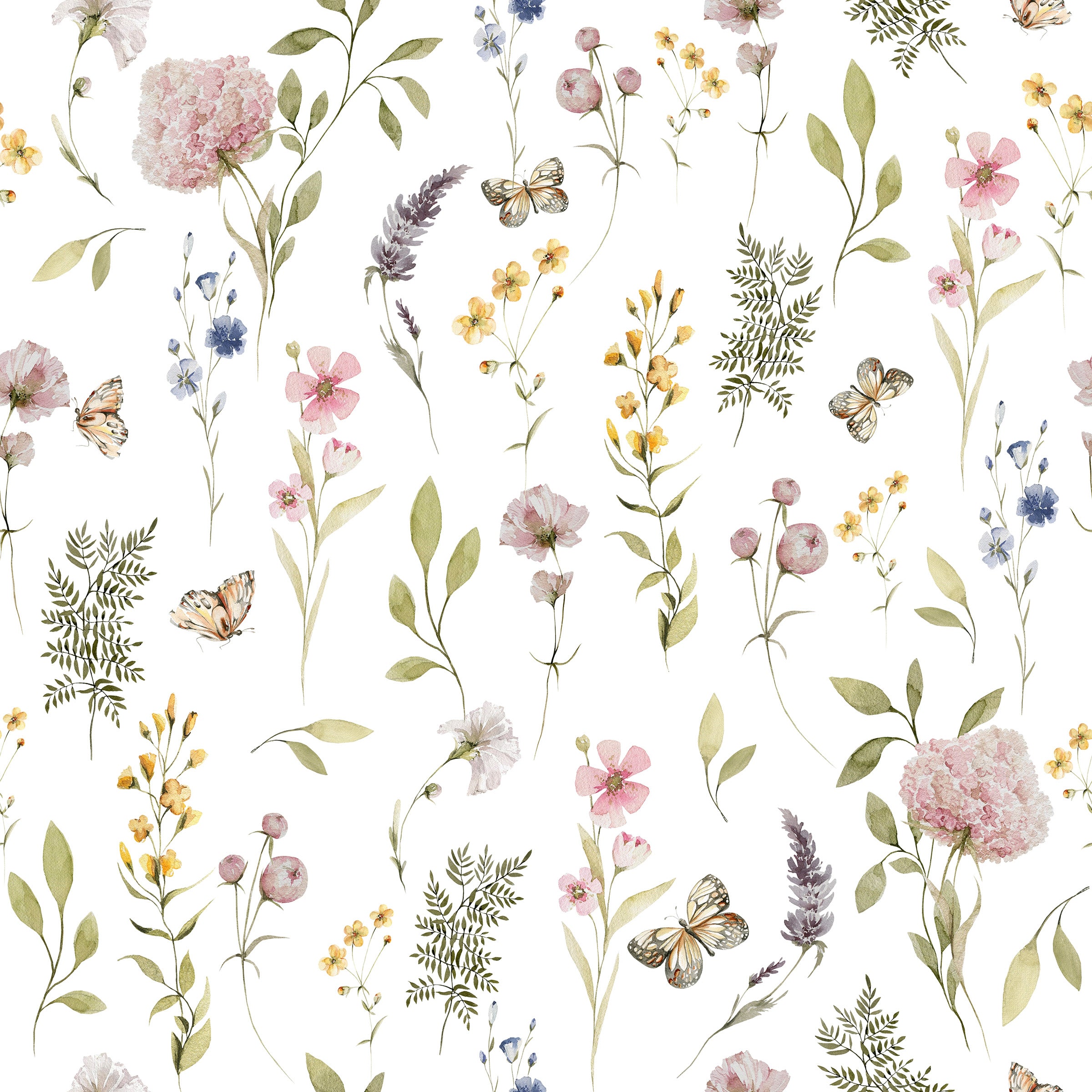 The Floral Fields Wallpaper displays a rich tapestry of blooming flowers, fluttering butterflies, and sprigs of greenery set against a crisp white background, providing a vibrant, naturalistic feel that captures the essence of a spring meadow.