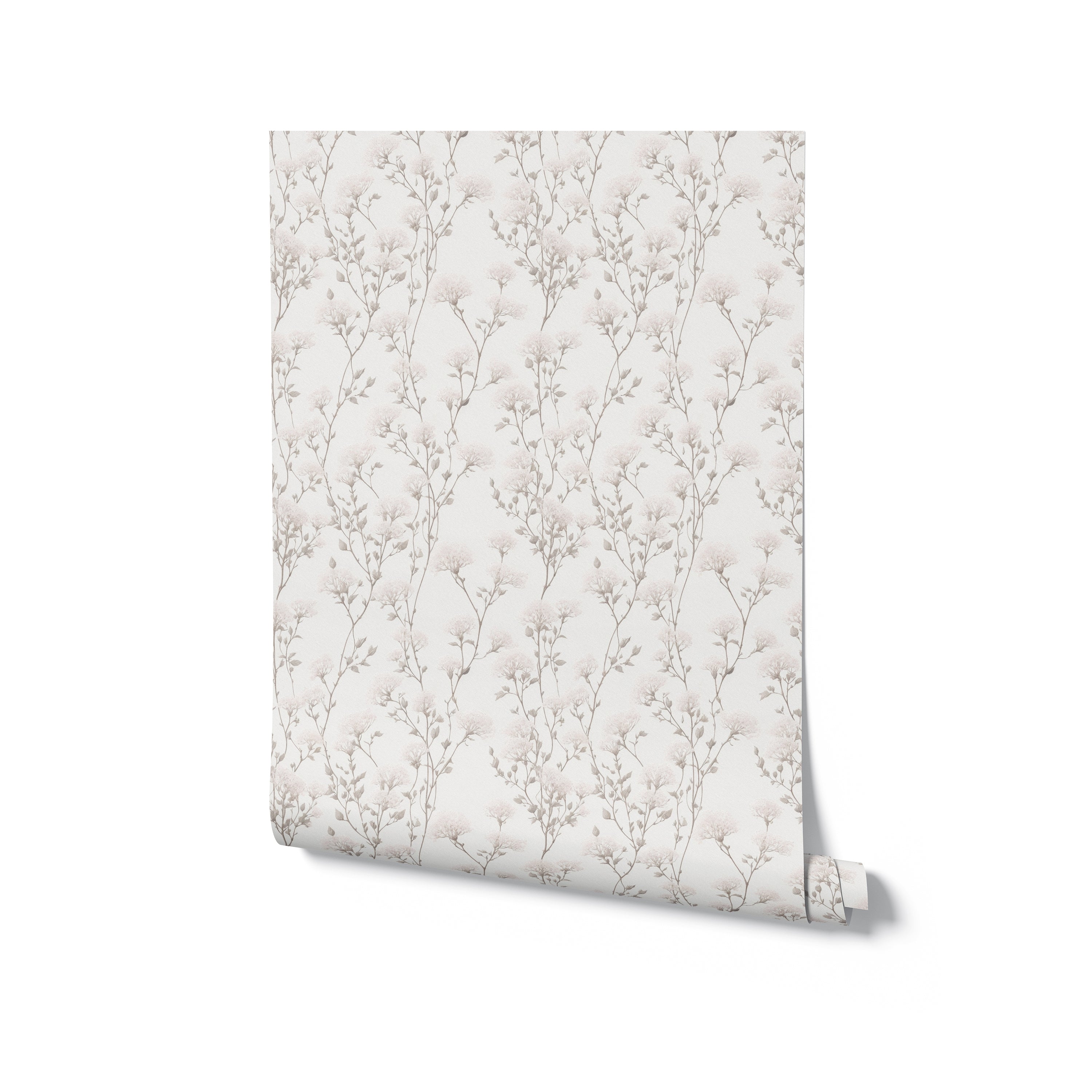 A rolled-up piece of Vintage Floral Reverie Wallpaper displaying the pattern of stylized florals and branches, ready to transform any room with its elegant vintage-inspired design and subtle color palette