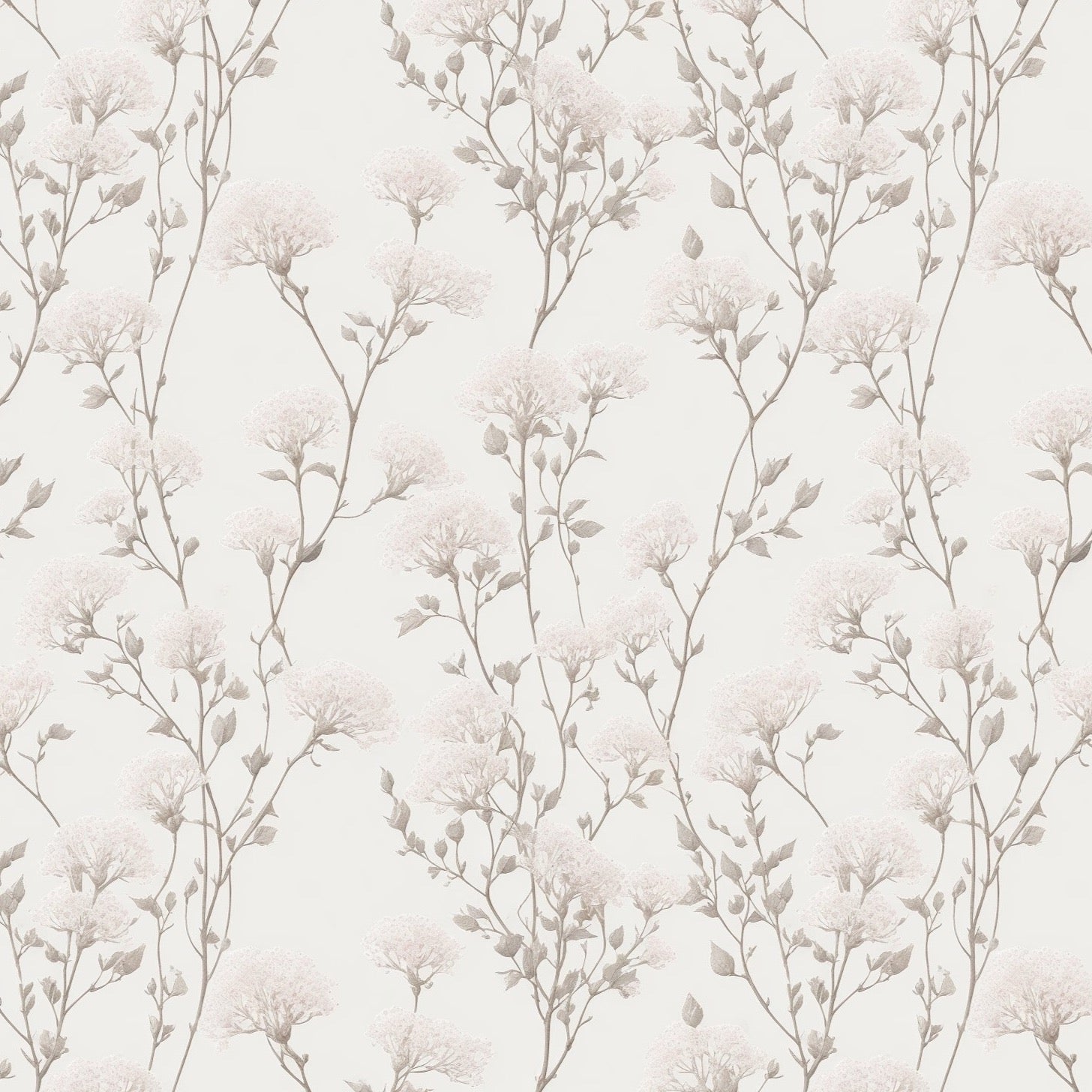 A close-up view of the Vintage Floral Reverie Wallpaper, highlighting the detailed watercolor-style flowers and branches in soft pinks and grays set against an off-white background for a classic, romantic aesthetic