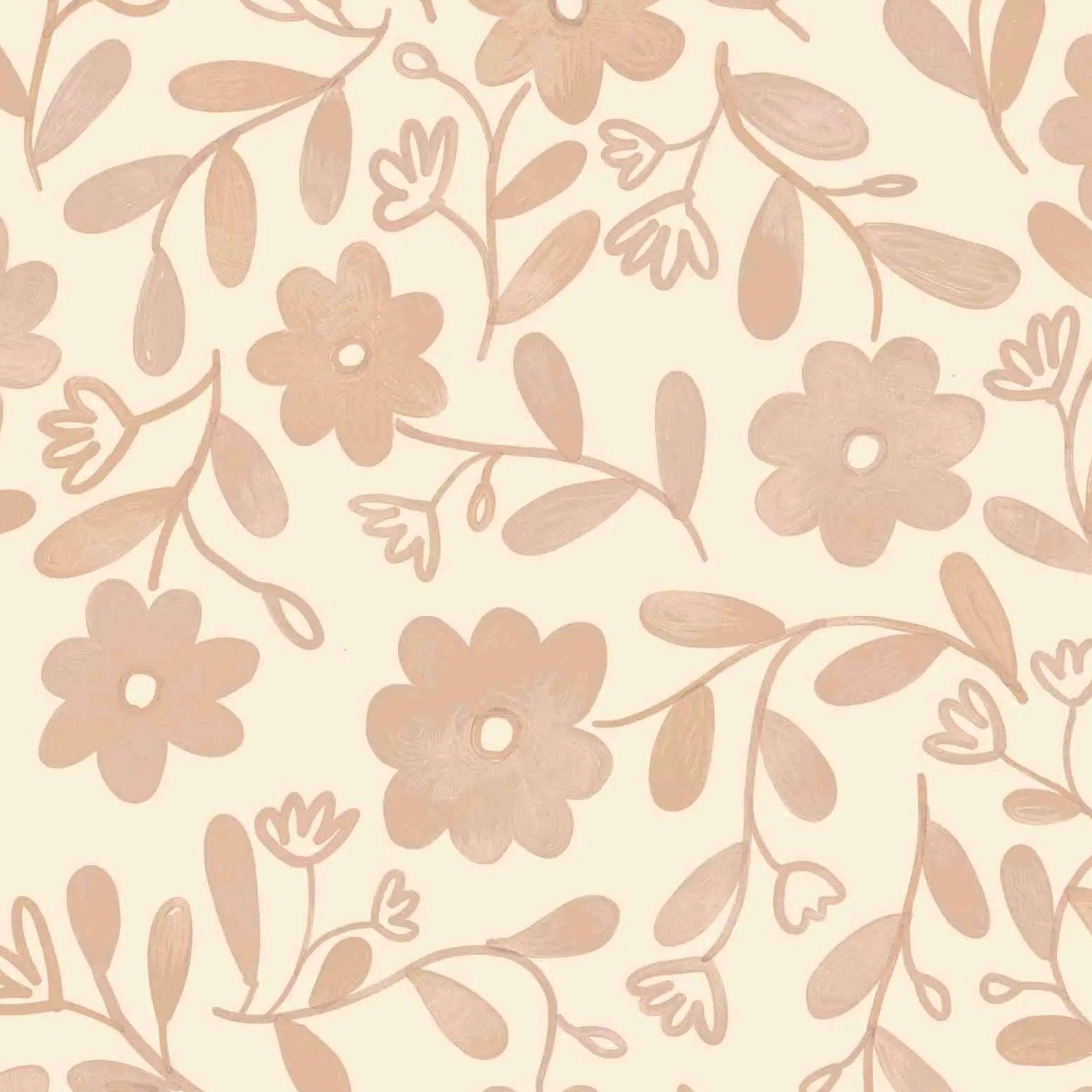 Close-up of Whimsy Blooms Wallpaper displaying a playful floral design with light pink flowers and leafy vines on a cream background, perfect for adding a touch of nature to any space