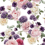 Close-up view of the Mahalia Rose Floral Wallpaper, displaying a detailed and vibrant pattern of roses in full bloom in pink, purple, and white hues, intermingled with green leaves, ideal for adding a romantic touch to any space.