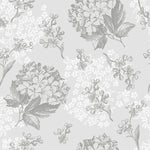 Close-up view of Modern Hydrangea Wallpaper showcasing intricate hydrangea illustrations in shades of grey, offering a sophisticated floral theme that enhances the decor with its elegant and detailed artwork