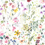 A detailed view of Hera's Floral Wallpaper featuring a rich and diverse array of watercolor flowers and leaves in a multitude of colors, including pinks, purples, yellows, and greens, creating a lively and inviting floral scene.