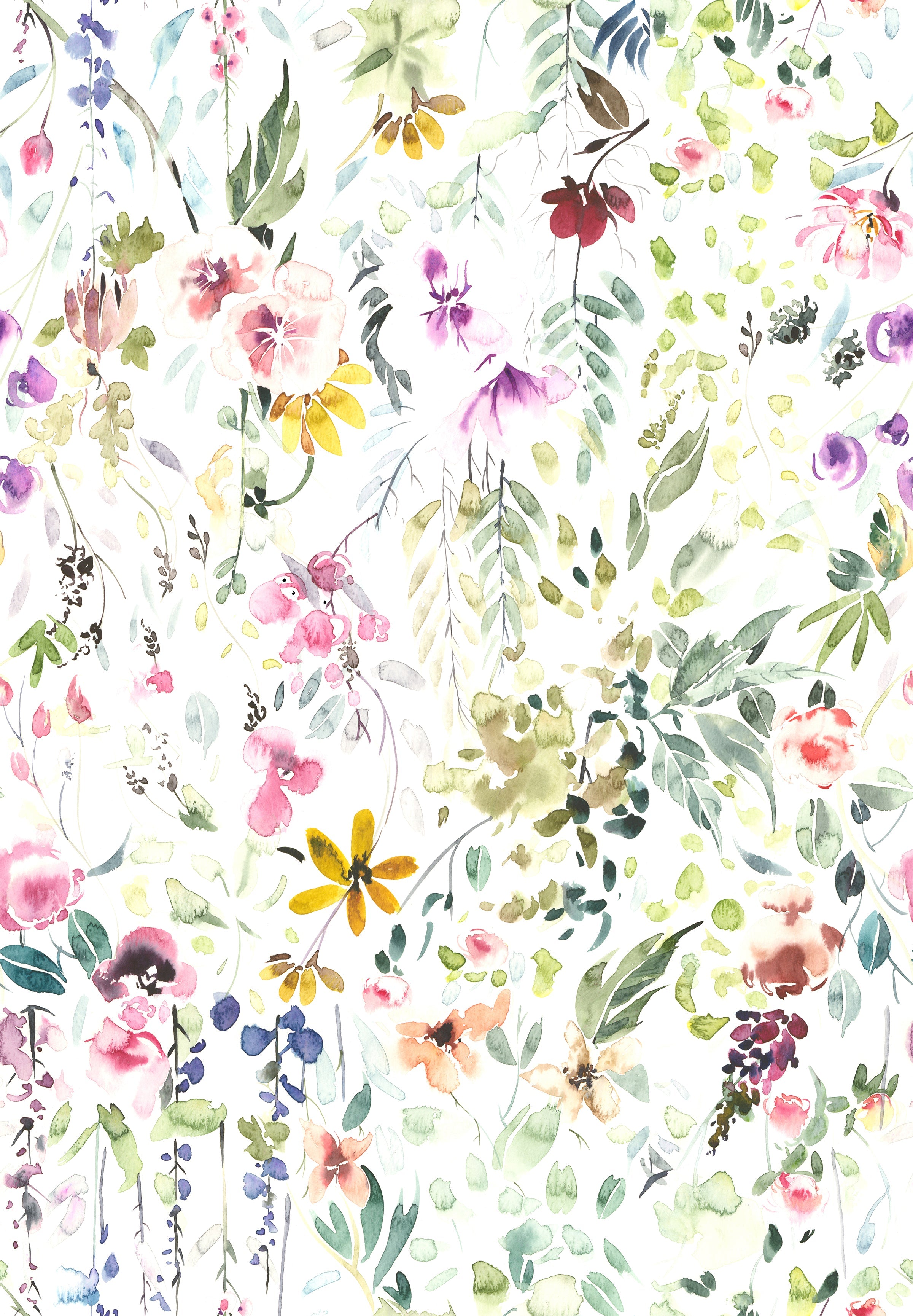 A detailed view of Hera's Floral Wallpaper featuring a rich and diverse array of watercolor flowers and leaves in a multitude of colors, including pinks, purples, yellows, and greens, creating a lively and inviting floral scene.