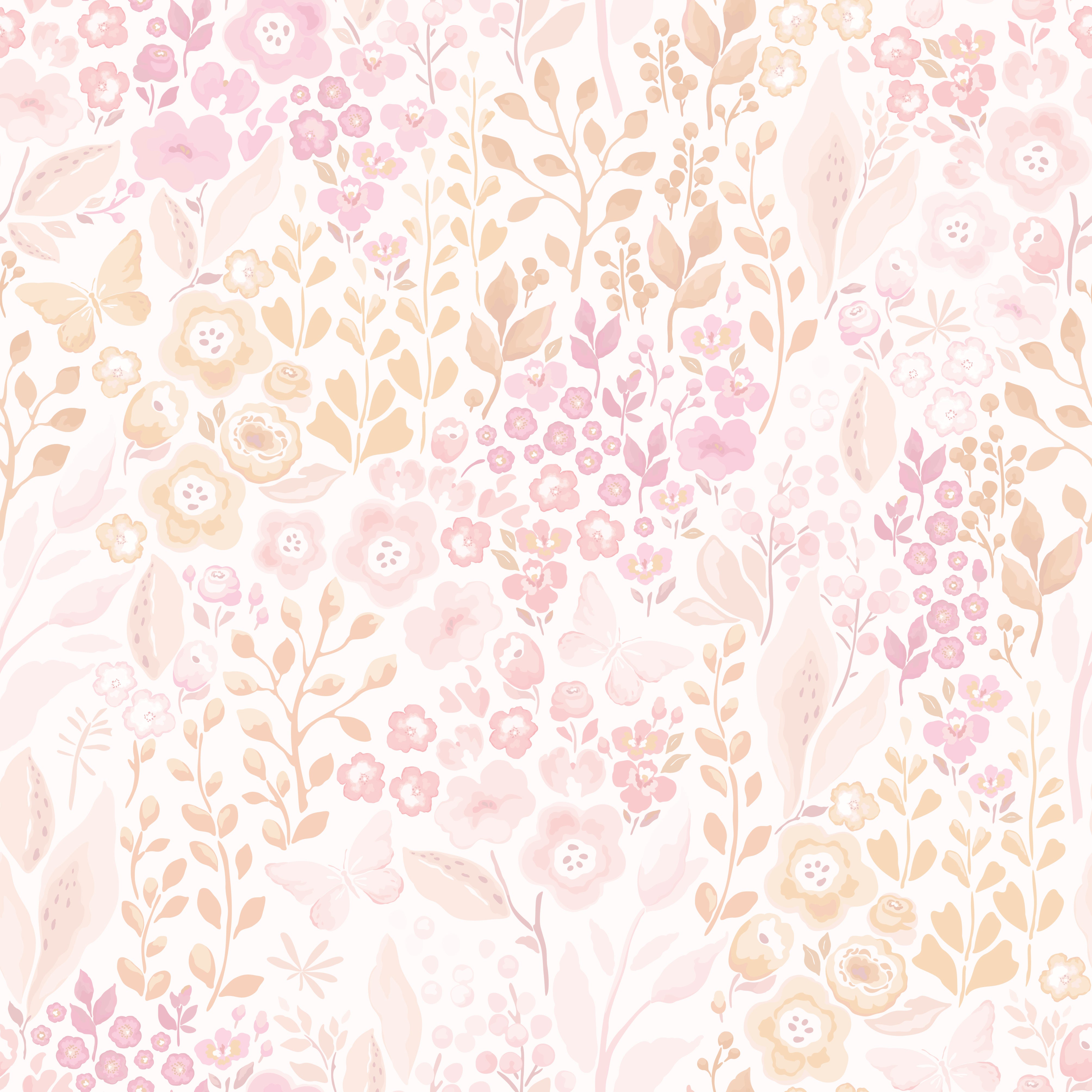 a close-up view of the "Pretty Petals Wallpaper - 12.5"," showing a detailed pattern of flowers, leaves, and butterflies in pastel pink, soft beige, and white hues. The design suggests a gentle, joyful spring meadow, perfect for adding a touch of nature's whimsy to any space.