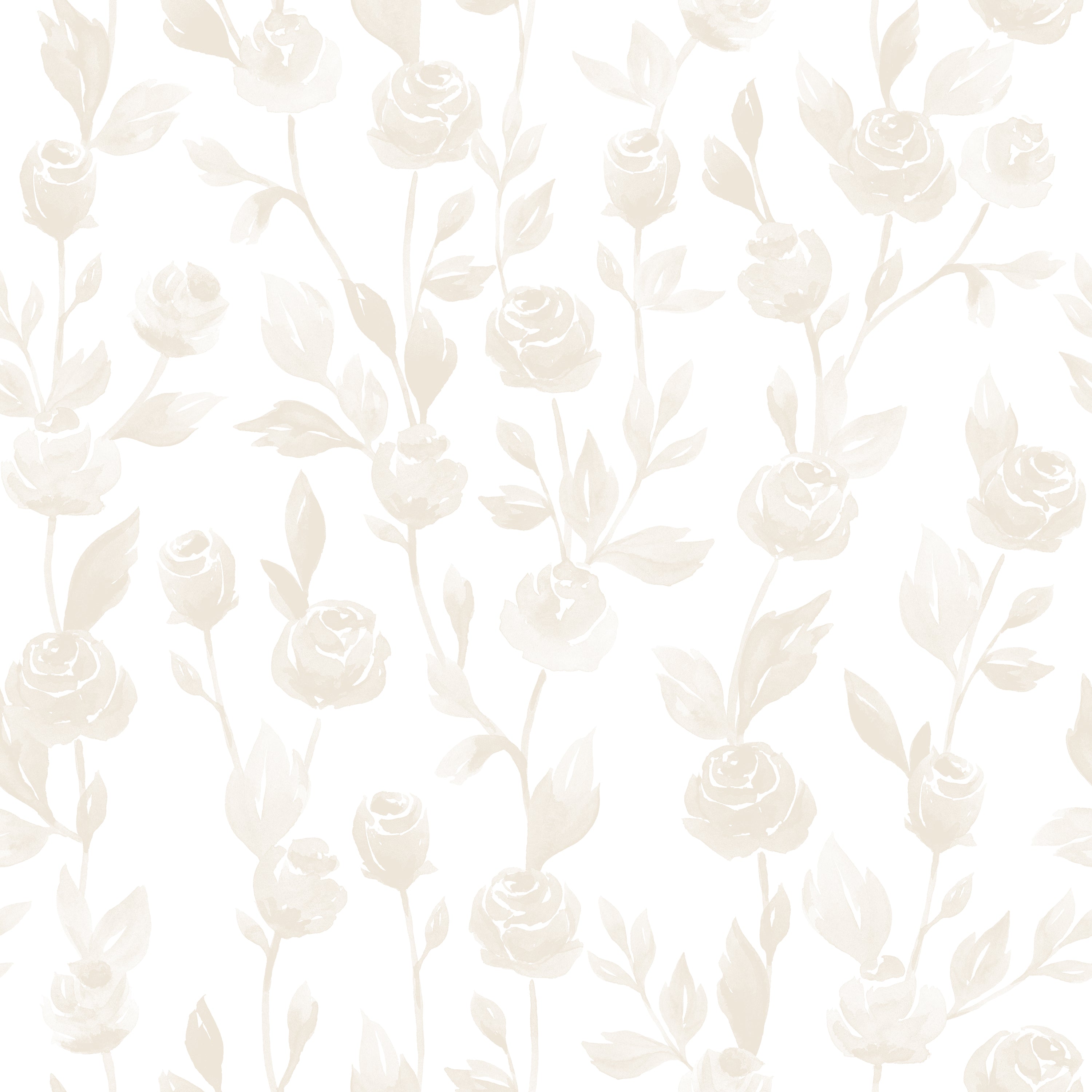  A detailed shot of the Cream Watercolour Rose Wallpaper, showcasing its delicate rose and leaf designs in a monochromatic scheme, ideal for adding a subtle touch of nature to any room.