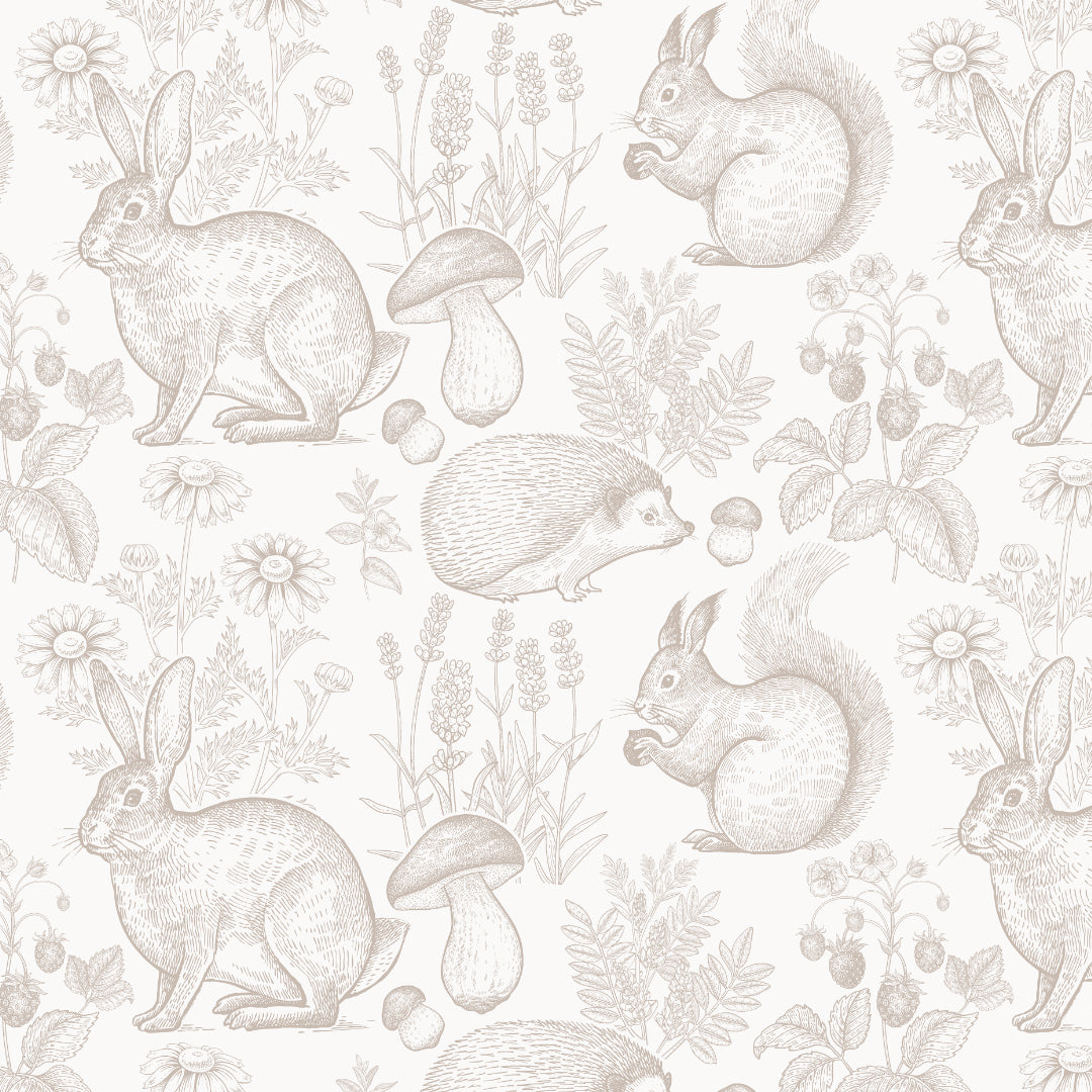 A whimsical roll of the "Woodland Creatures Wallpaper - Beige", highlighting the repeating pattern of forest fauna and flora. The neutral beige tones of the wallpaper offer versatility, making it suitable for a variety of room decors.