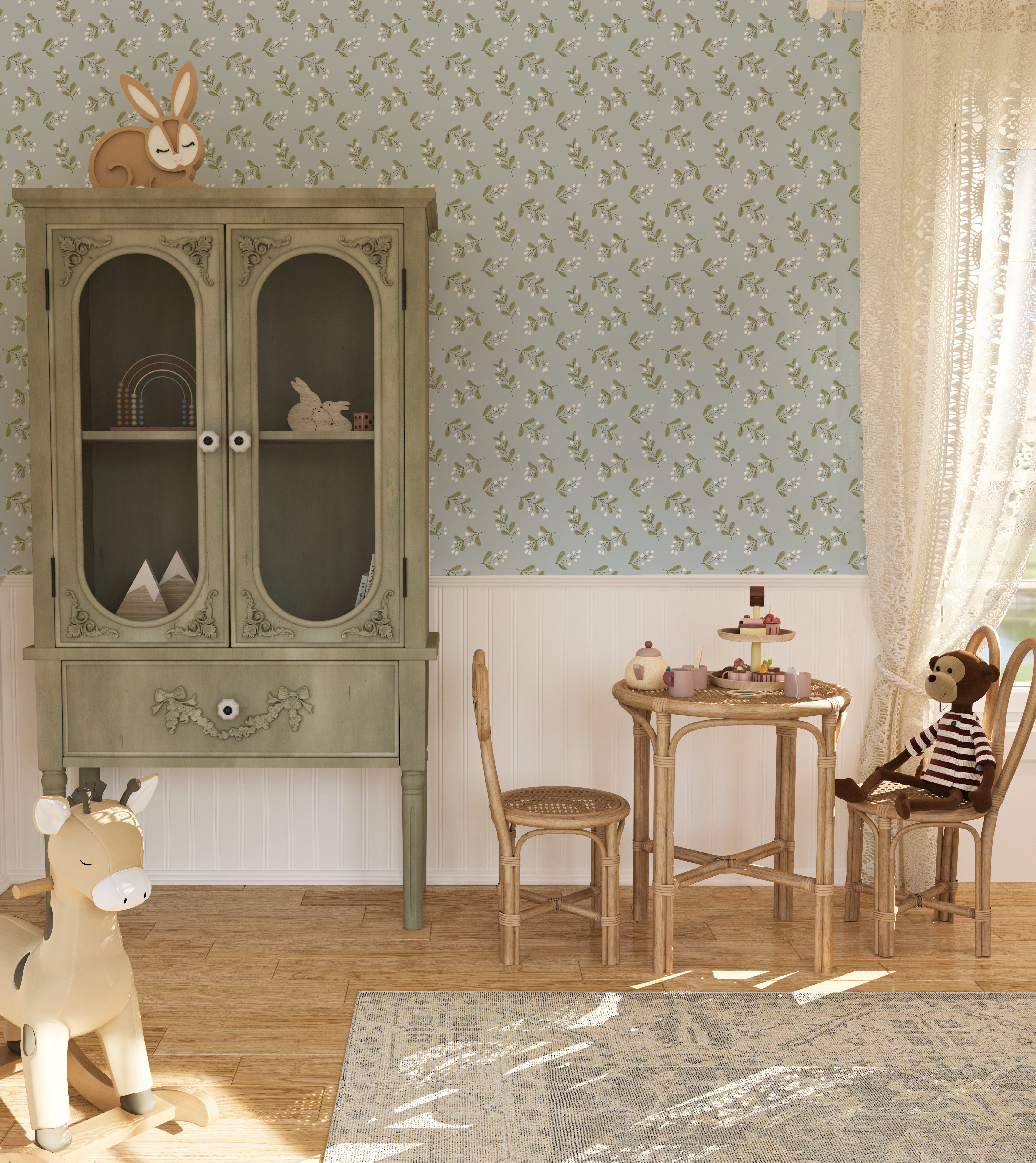 Interior view of a children's playroom with Simple Floral Wallpaper - 12.5" on the feature wall. The wallpaper features a delicate pattern of small white flowers and green leaves on a soft blue background, creating a whimsical and inviting atmosphere.