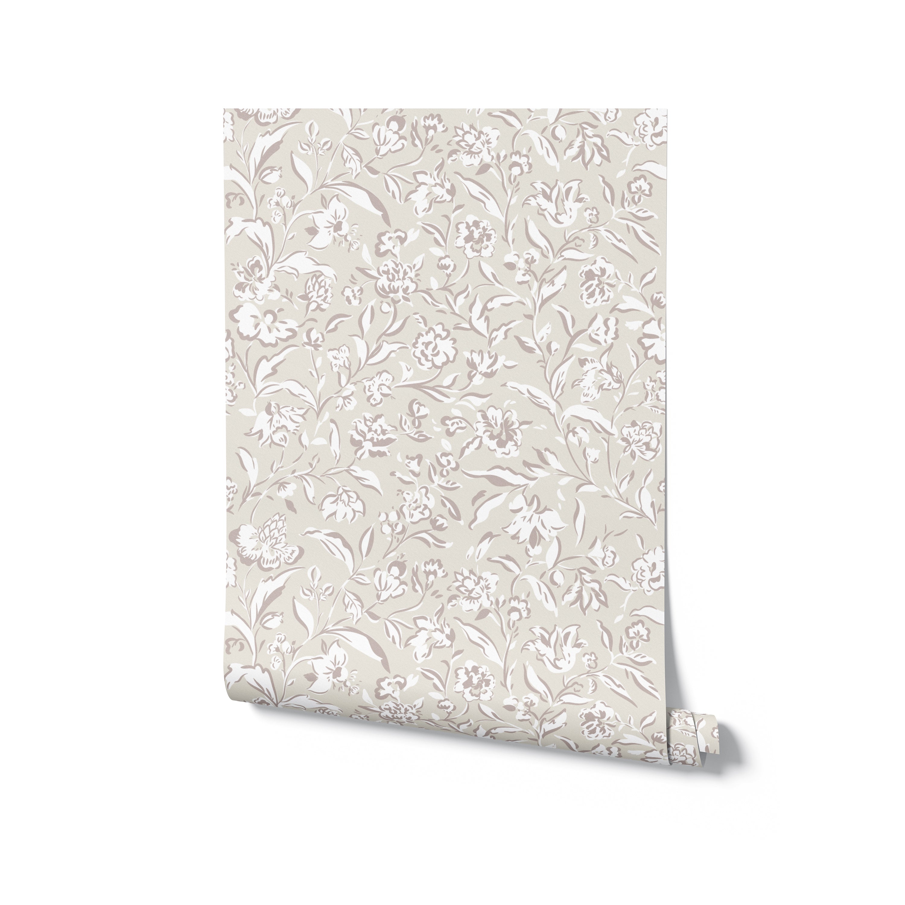 A visualization of the Boho Sketchy Floral Wallpaper roll, illustrating the seamless flow of the floral design. The wallpaper features a soft beige color scheme with a detailed drawing of flowers and foliage, ideal for adding a subtle artistic touch to home decor.