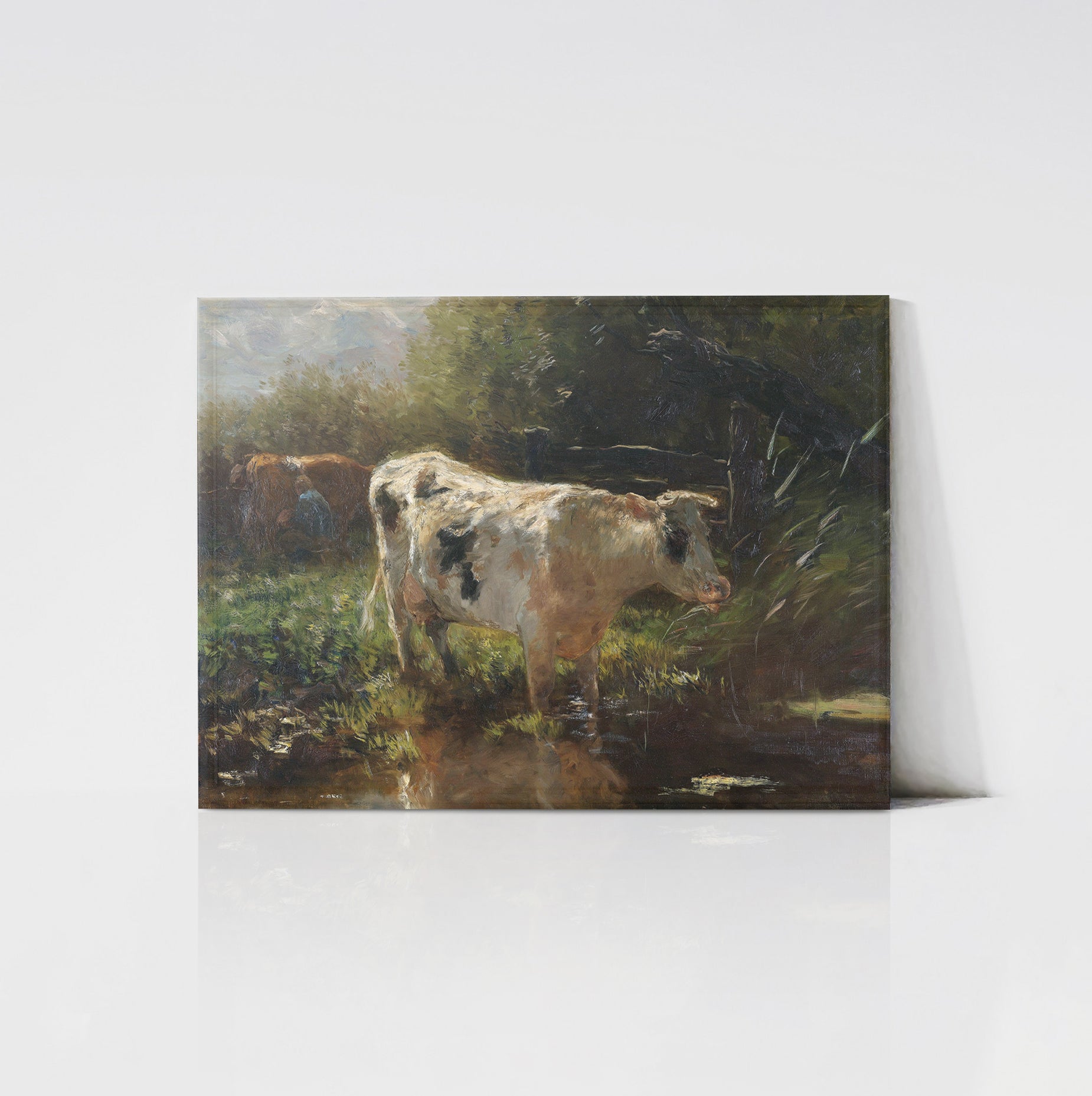 An unframed vintage art print titled 'Spotted Cow,' depicting a serene countryside scene with a black-and-white cow standing near a reflective pond. The lush greenery and soft lighting create a tranquil, pastoral atmosphere.
