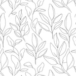 A detailed close-up of the Black Floral Wallpaper, featuring a delicate black line art design of leaves on a crisp white background.