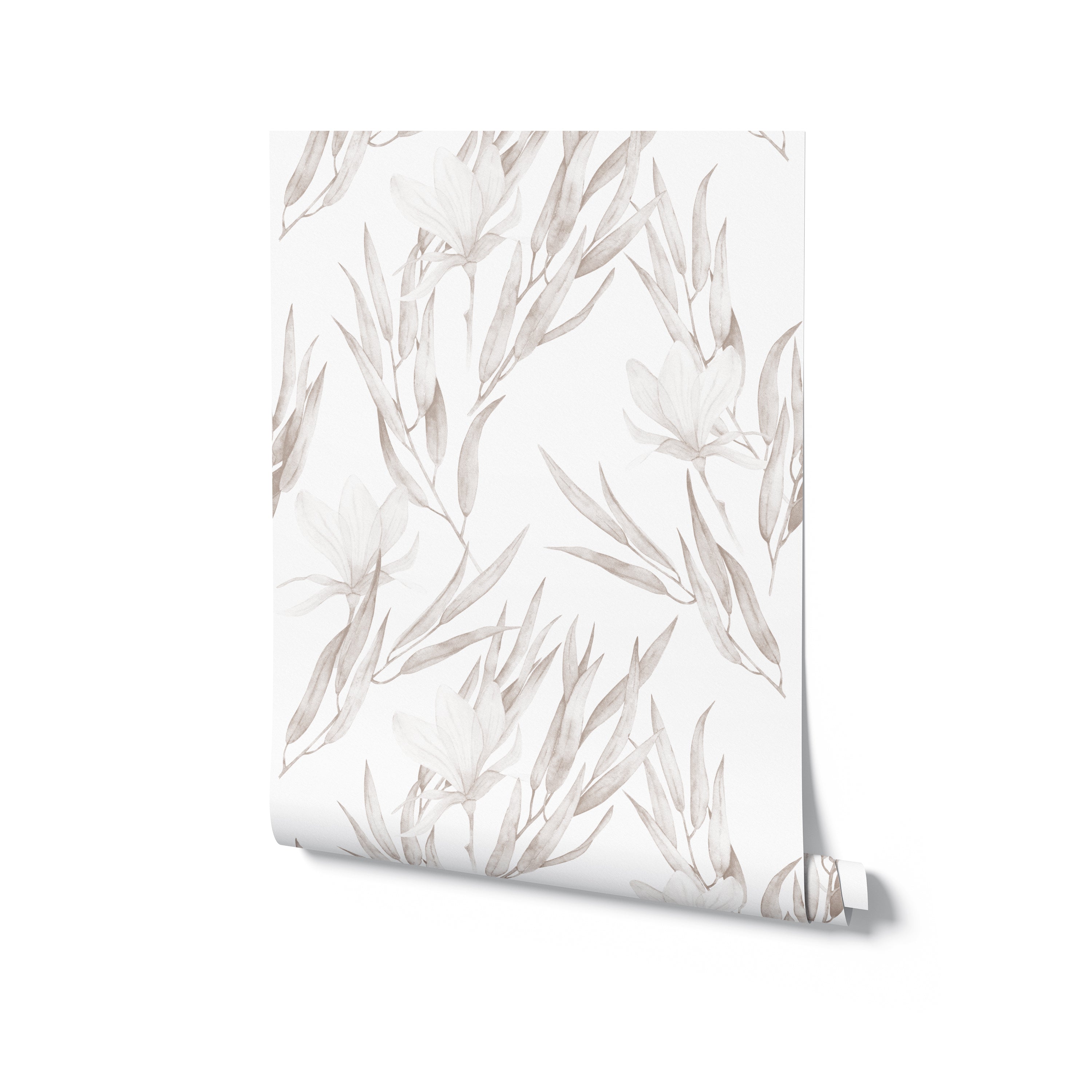 An image of a roll of wallpaper showcasing a gentle floral pattern with watercolor illustrations of beige flowers and leaves. The design is ideal for adding a soft and sophisticated touch to any room.