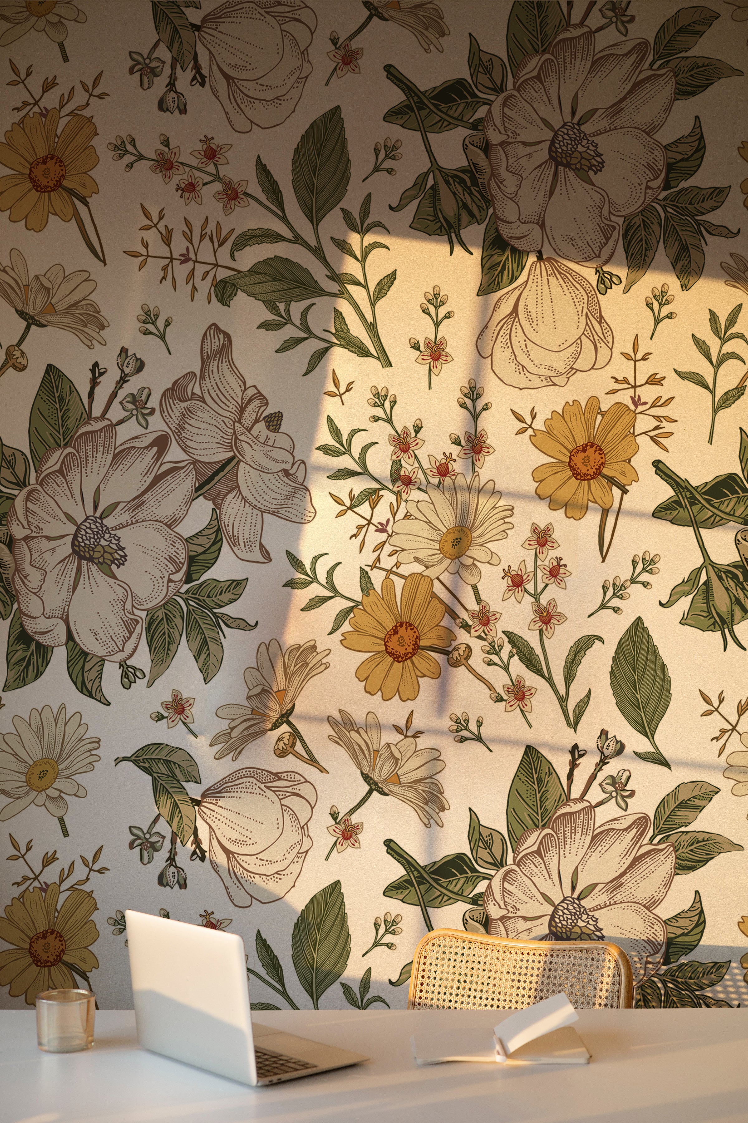 a cozy corner featuring the "Floral Wallpaper - Sunny II" bathed in warm light. The large, hand-drawn flowers and leaves create a lush backdrop, enhancing the warmth and welcoming atmosphere of the room, perfect for relaxation or reading.