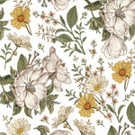 the "Floral Wallpaper - Sunny II" pattern close-up. The image displays the intricate details of the wallpaper's floral design, with large blossoms and foliage in a harmonious palette of sunny yellows and greens, conveying a fresh and lively ambiance.