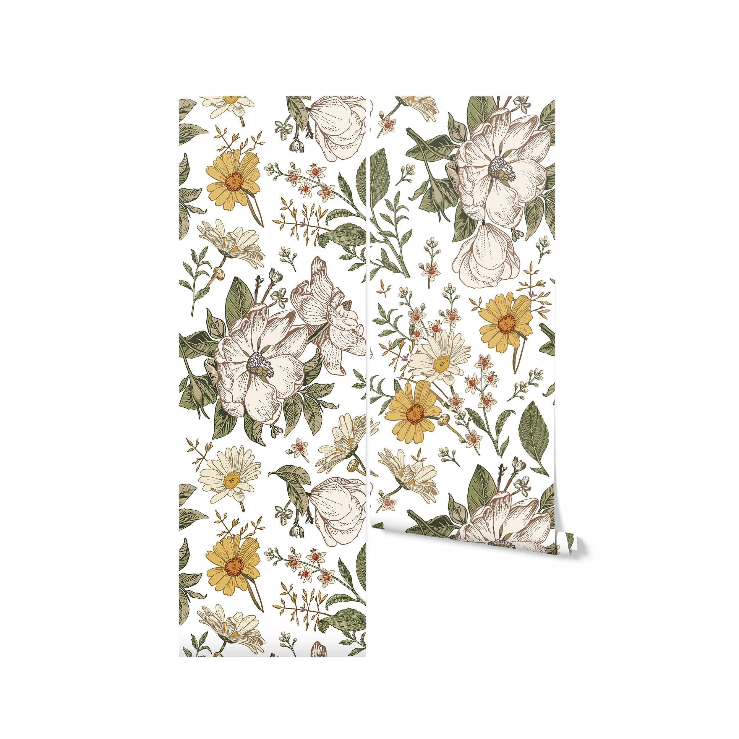 a roll of the "Floral Wallpaper - Sunny II." The image shows the wallpaper's detailed floral pattern with prominent blooms and foliage in cheerful hues, ready to transform any room into a bright and inviting space.